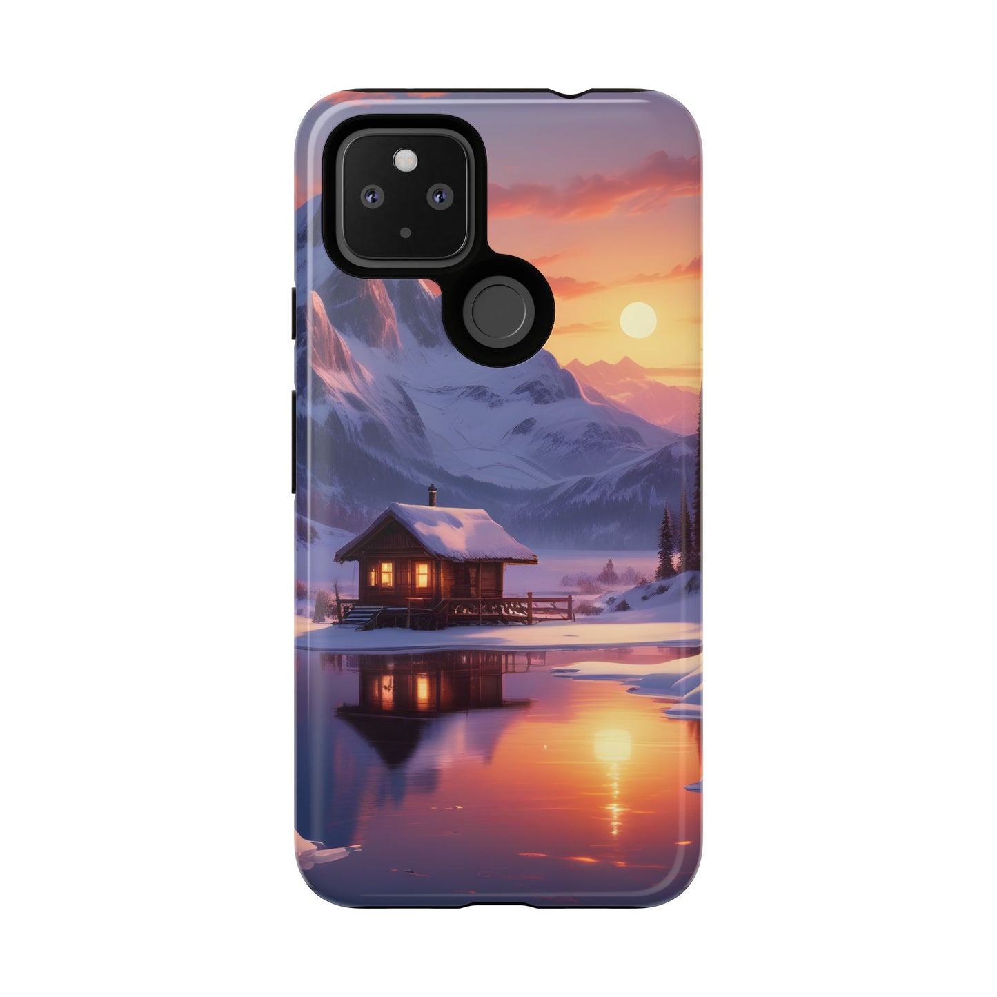 Carcasa para teléfono con diseño de cabaña en la montaña nevada, fundas resistentes para amantes de la naturaleza, cubierta de teléfono con paisaje pintoresco, regalo para excursionistas, accesorio para aventuras al aire libre.