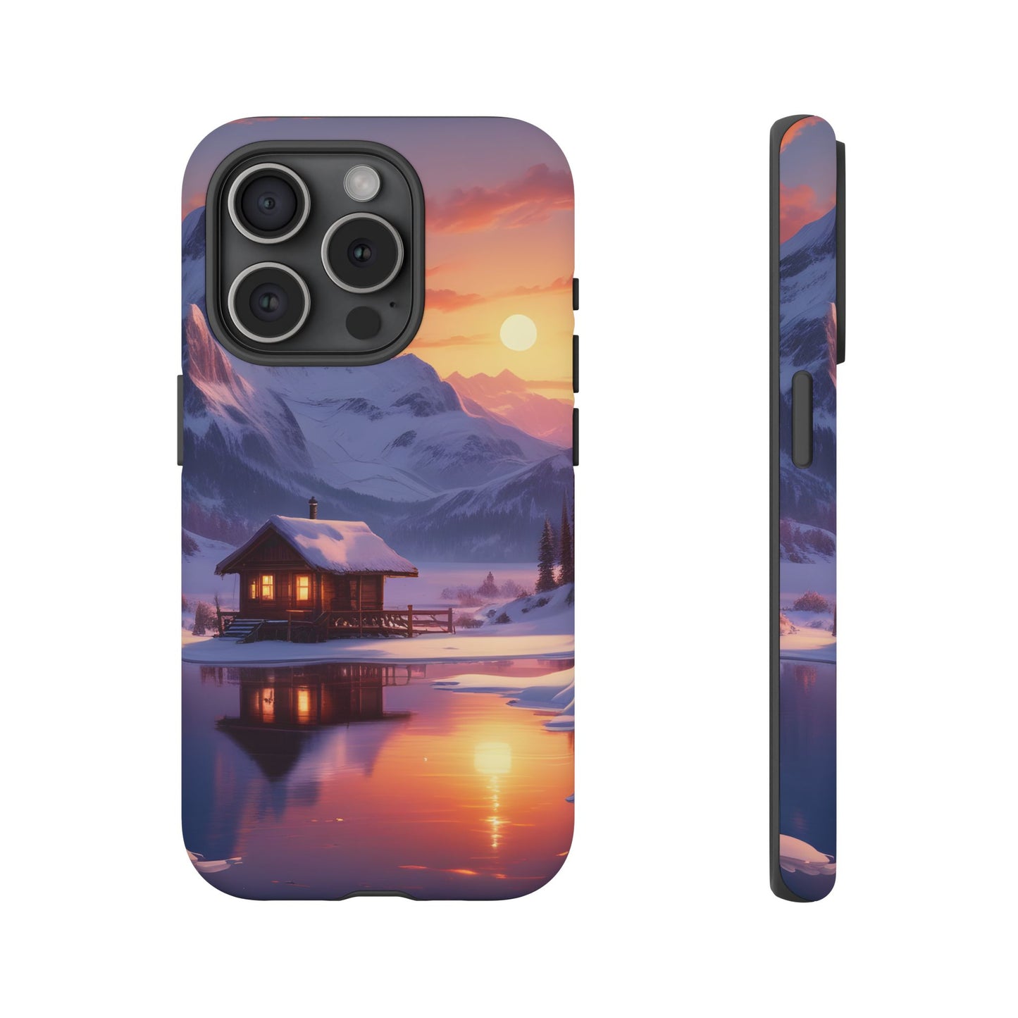 Carcasa para teléfono con diseño de cabaña en la montaña nevada, fundas resistentes para amantes de la naturaleza, cubierta de teléfono con paisaje pintoresco, regalo para excursionistas, accesorio para aventuras al aire libre.
