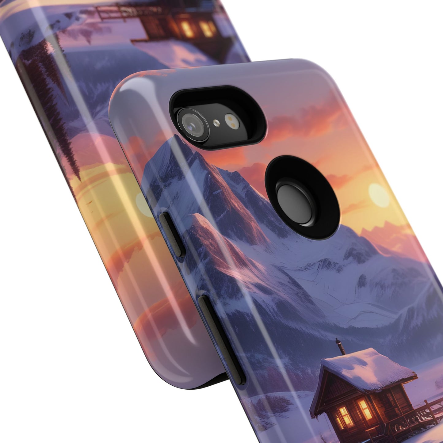 Carcasa para teléfono con diseño de cabaña en la montaña nevada, fundas resistentes para amantes de la naturaleza, cubierta de teléfono con paisaje pintoresco, regalo para excursionistas, accesorio para aventuras al aire libre.
