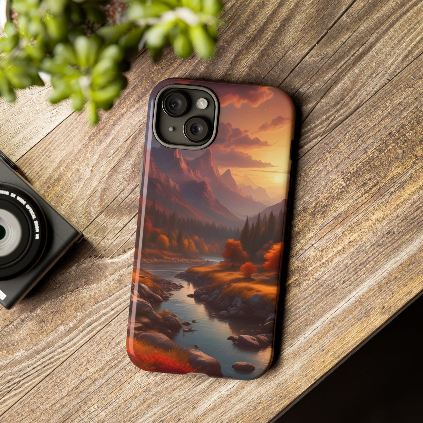 Carcasa para teléfono con diseño de atardecer otoñal en la montaña, regalo para amantes de la naturaleza, funda resistente para teléfono, accesorio para aventuras al aire libre, funda con arte paisajístico.