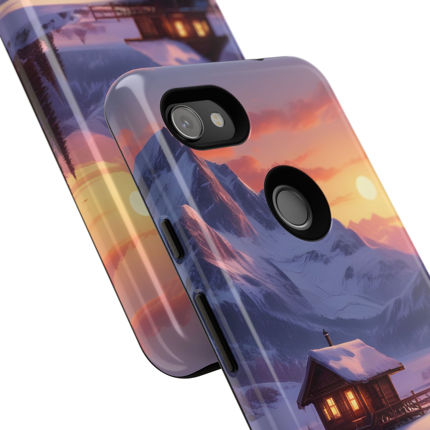 Carcasa para teléfono con diseño de cabaña en la montaña nevada, fundas resistentes para amantes de la naturaleza, cubierta de teléfono con paisaje pintoresco, regalo para excursionistas, accesorio para aventuras al aire libre.