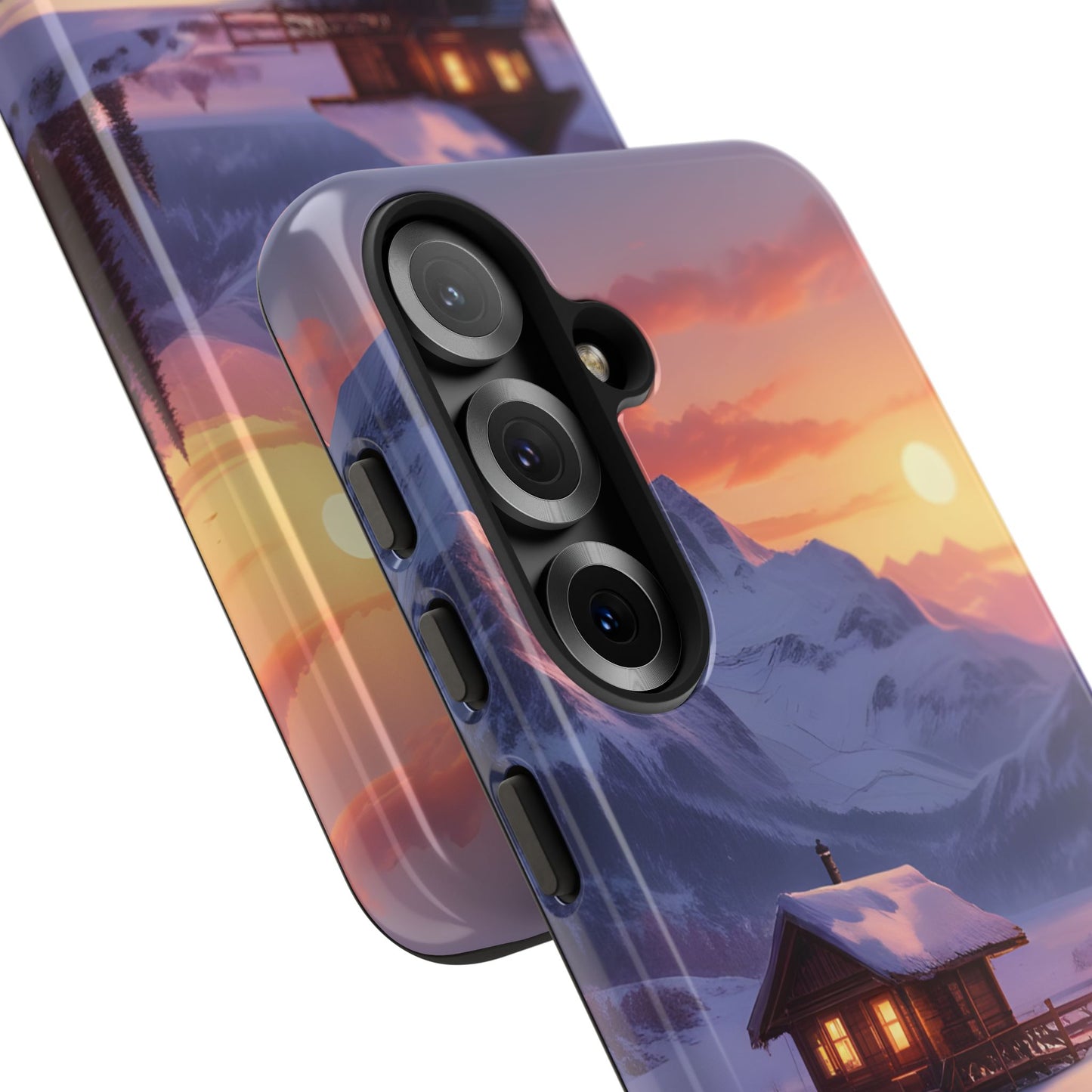 Carcasa para teléfono con diseño de cabaña en la montaña nevada, fundas resistentes para amantes de la naturaleza, cubierta de teléfono con paisaje pintoresco, regalo para excursionistas, accesorio para aventuras al aire libre.