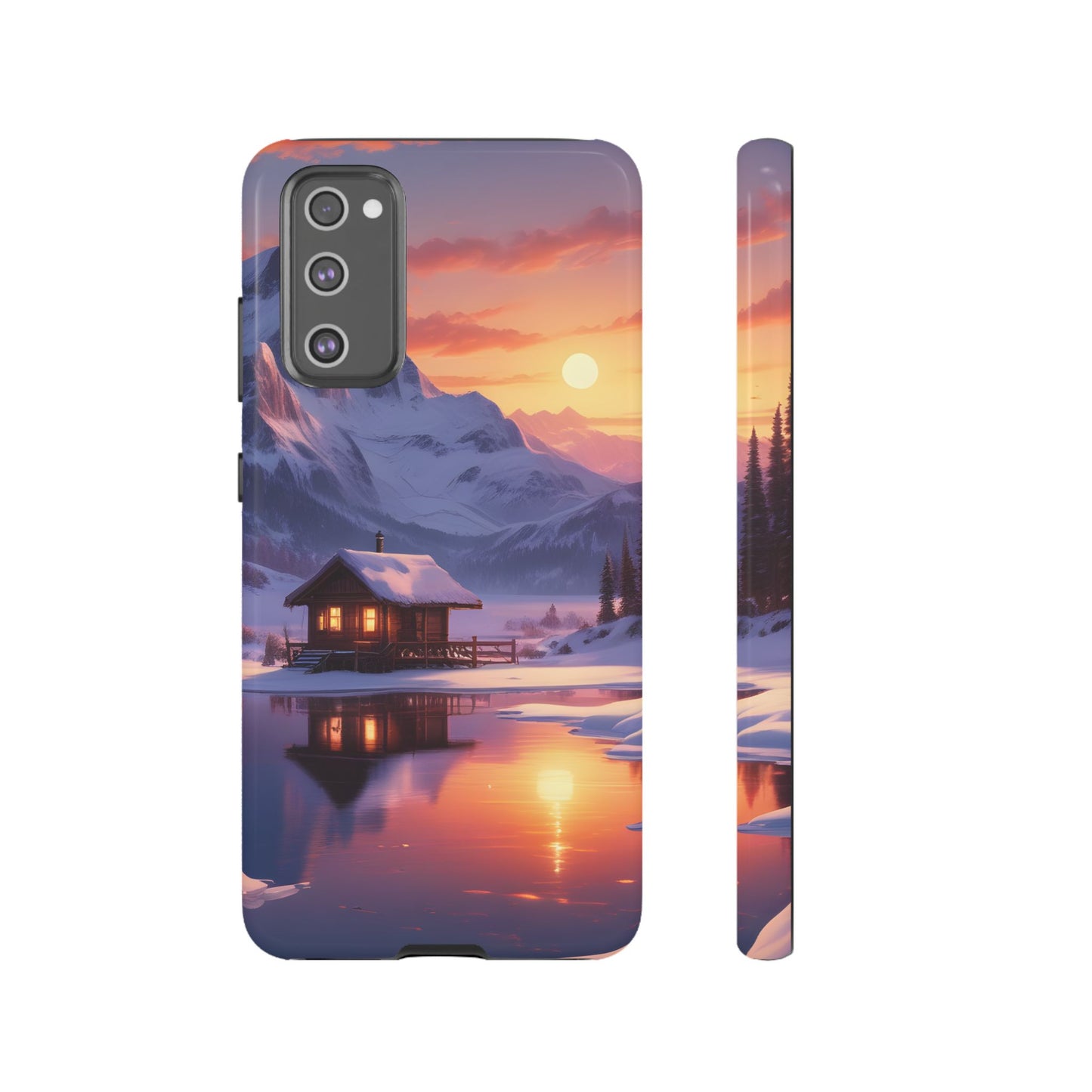 Carcasa para teléfono con diseño de cabaña en la montaña nevada, fundas resistentes para amantes de la naturaleza, cubierta de teléfono con paisaje pintoresco, regalo para excursionistas, accesorio para aventuras al aire libre.
