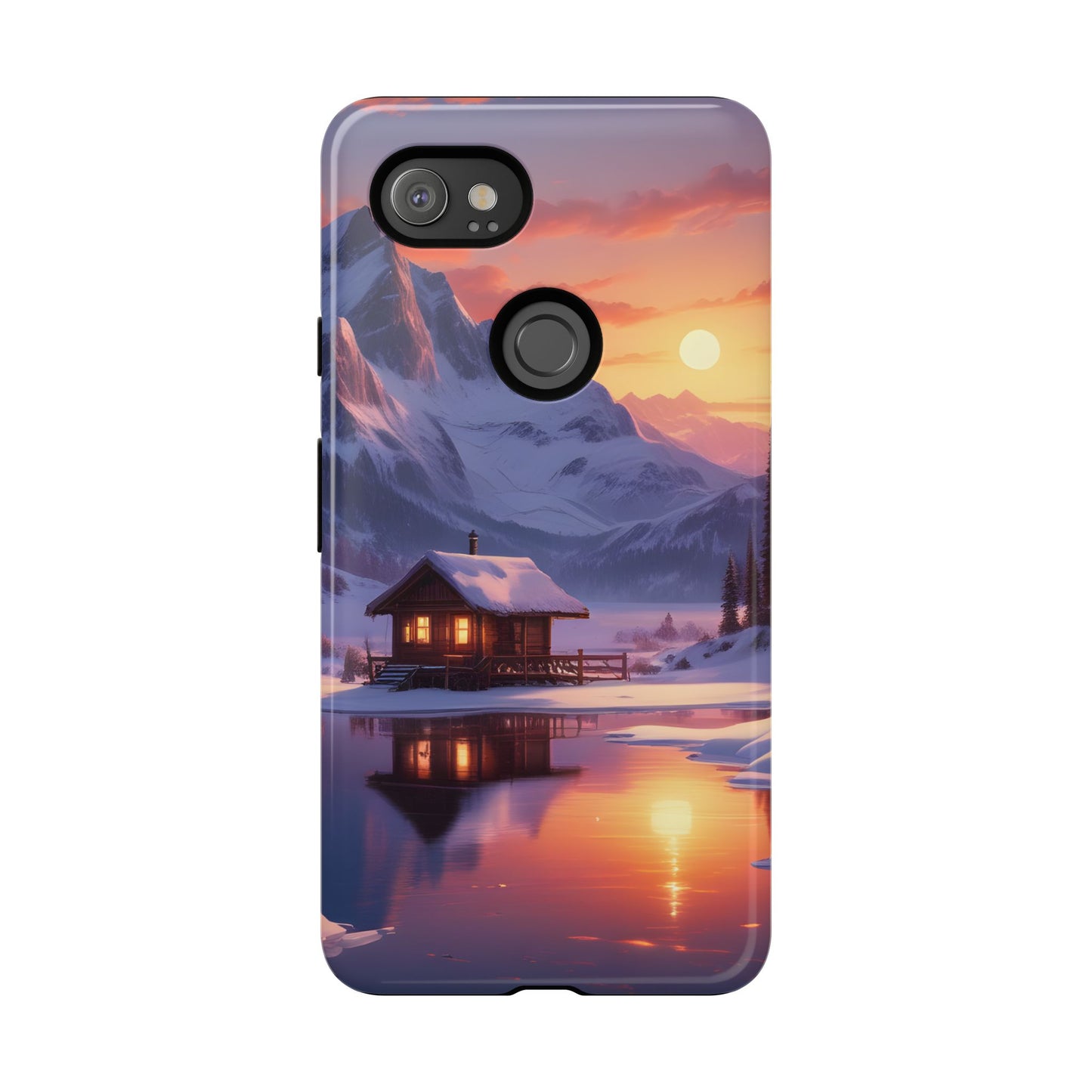 Carcasa para teléfono con diseño de cabaña en la montaña nevada, fundas resistentes para amantes de la naturaleza, cubierta de teléfono con paisaje pintoresco, regalo para excursionistas, accesorio para aventuras al aire libre.