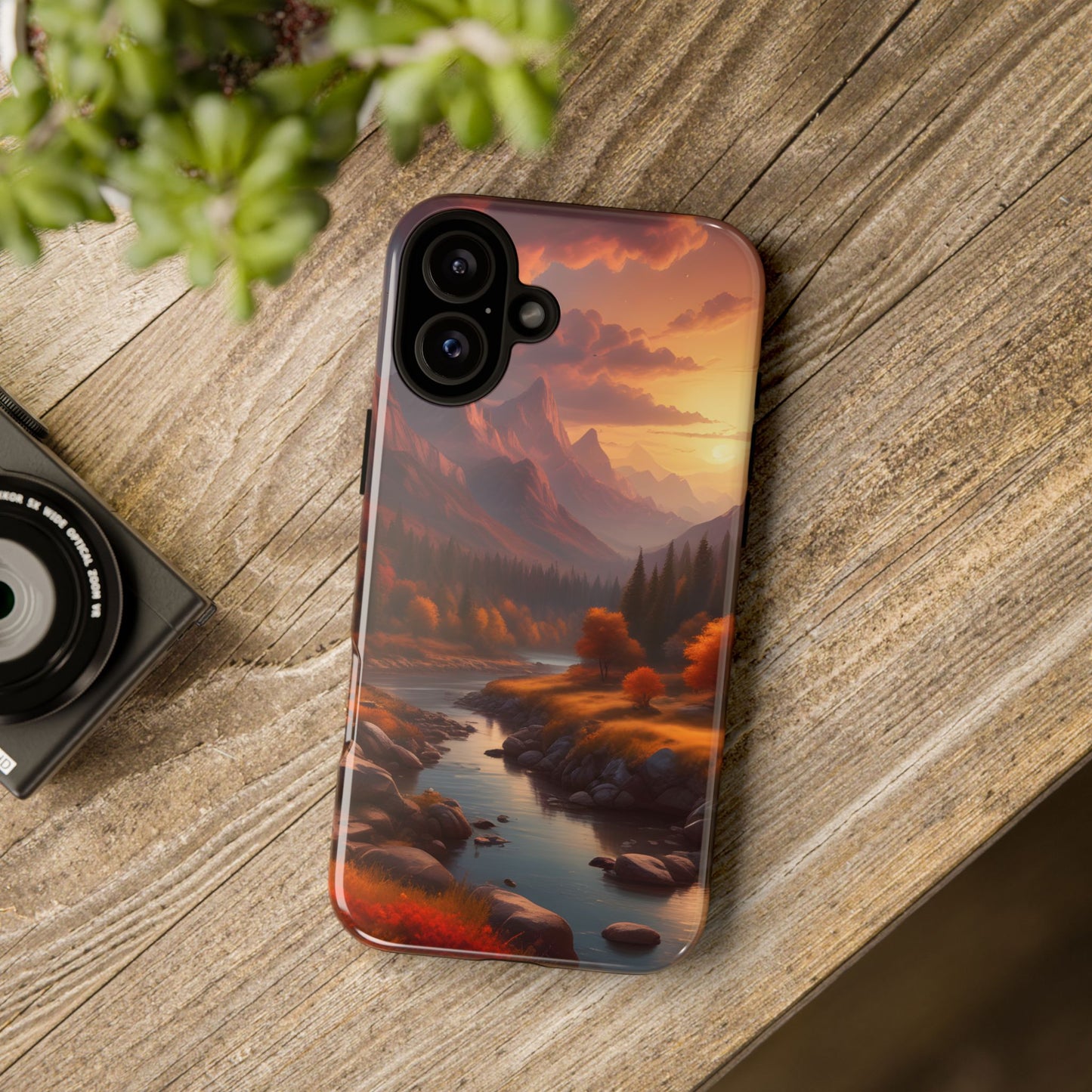 Carcasa para teléfono con diseño de atardecer otoñal en la montaña, regalo para amantes de la naturaleza, funda resistente para teléfono, accesorio para aventuras al aire libre, funda con arte paisajístico.