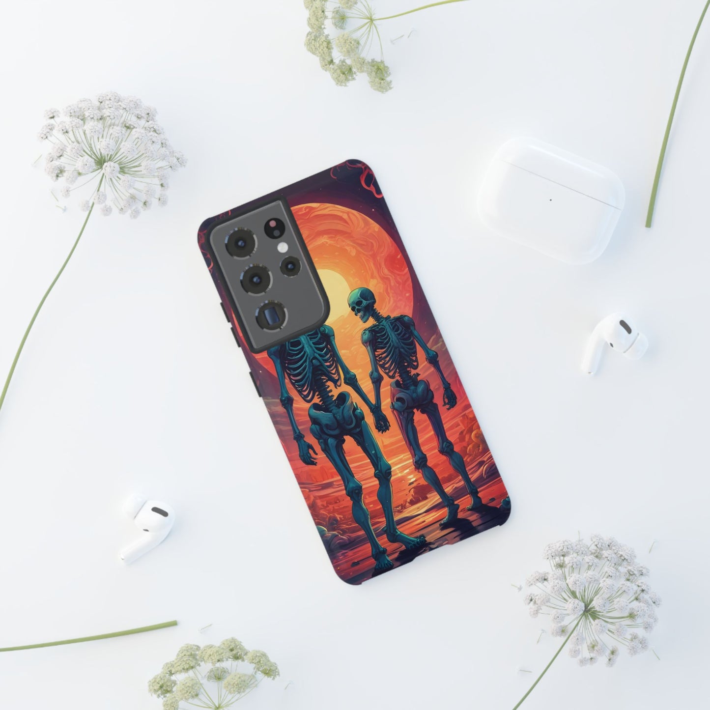 Carcasa de teléfono con esqueletos románticos, funda resistente para teléfono, accesorio de Halloween, regalo único, funda de teléfono para parejas, estética espeluznante.