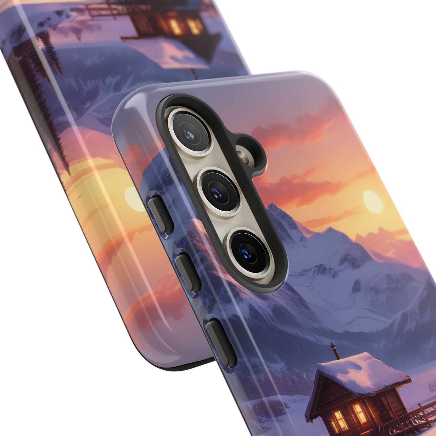 Carcasa para teléfono con diseño de cabaña en la montaña nevada, fundas resistentes para amantes de la naturaleza, cubierta de teléfono con paisaje pintoresco, regalo para excursionistas, accesorio para aventuras al aire libre.