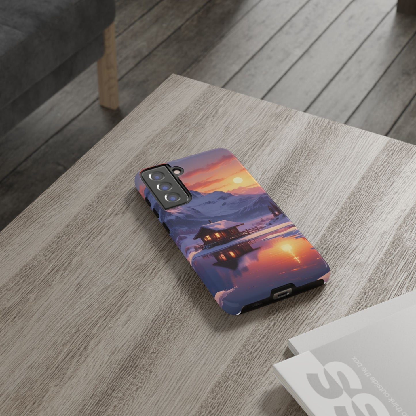 Carcasa para teléfono con diseño de cabaña en la montaña nevada, fundas resistentes para amantes de la naturaleza, cubierta de teléfono con paisaje pintoresco, regalo para excursionistas, accesorio para aventuras al aire libre.