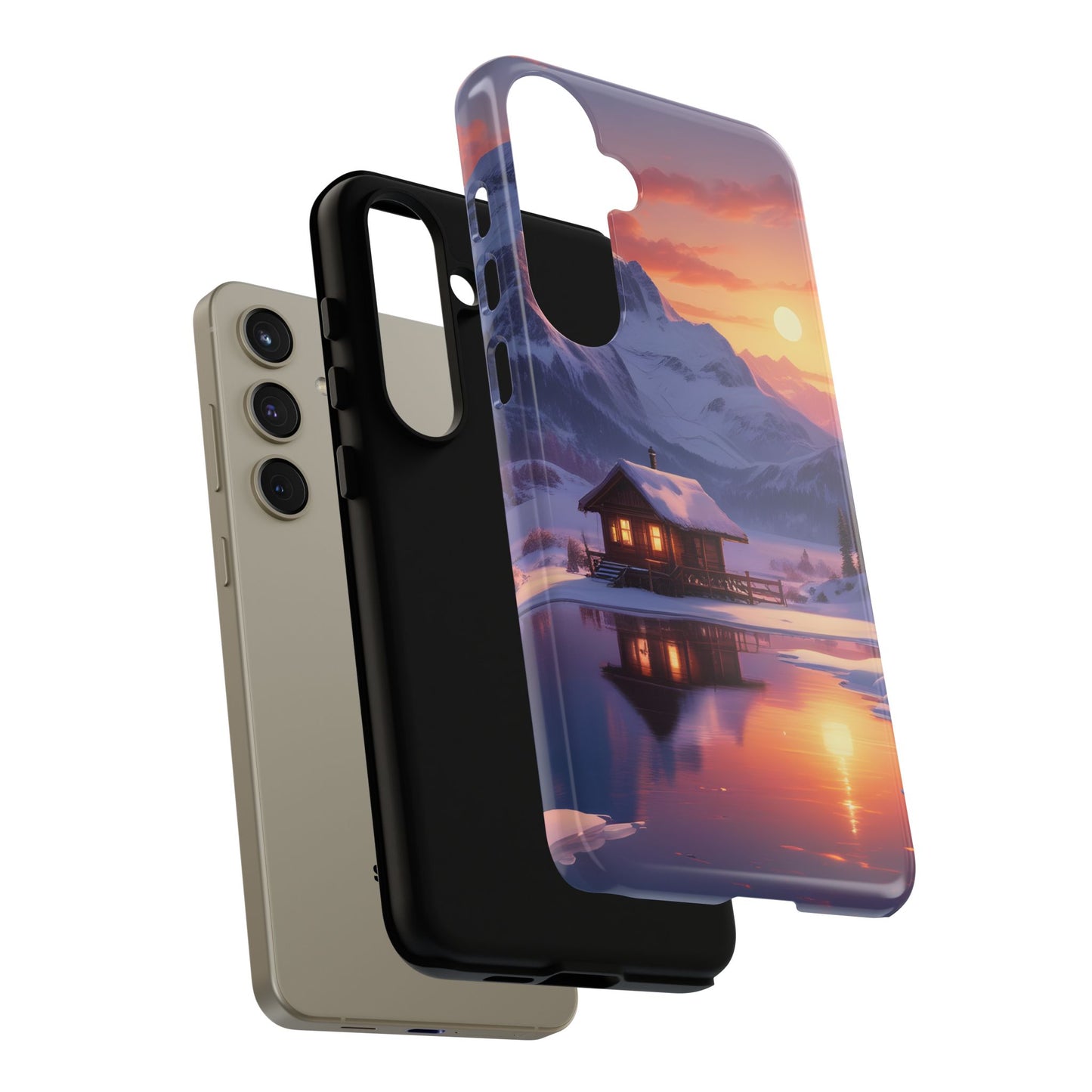 Carcasa para teléfono con diseño de cabaña en la montaña nevada, fundas resistentes para amantes de la naturaleza, cubierta de teléfono con paisaje pintoresco, regalo para excursionistas, accesorio para aventuras al aire libre.