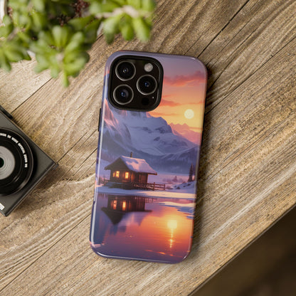 Snowy Mountain Cabin Phone Case, Tough Cases for Nature Lovers, Scenic Phone Cover, Gift for Hikers, Outdoor Adventure Accessory