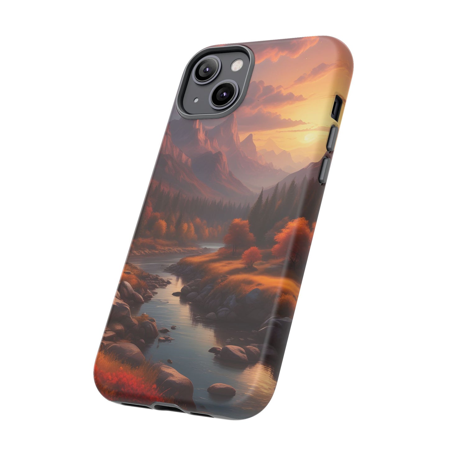 Carcasa para teléfono con diseño de atardecer otoñal en la montaña, regalo para amantes de la naturaleza, funda resistente para teléfono, accesorio para aventuras al aire libre, funda con arte paisajístico.
