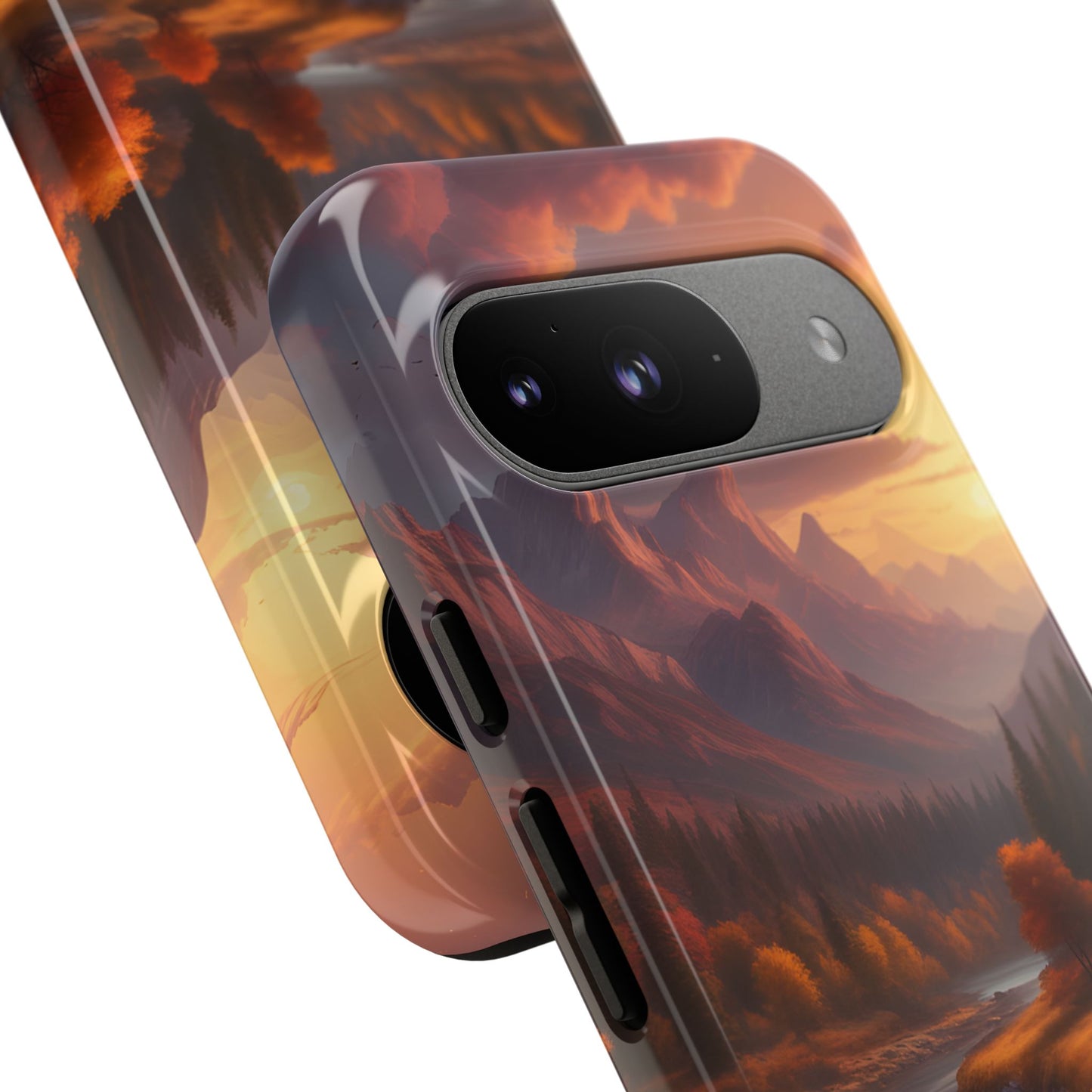 Carcasa para teléfono con diseño de atardecer otoñal en la montaña, regalo para amantes de la naturaleza, funda resistente para teléfono, accesorio para aventuras al aire libre, funda con arte paisajístico.