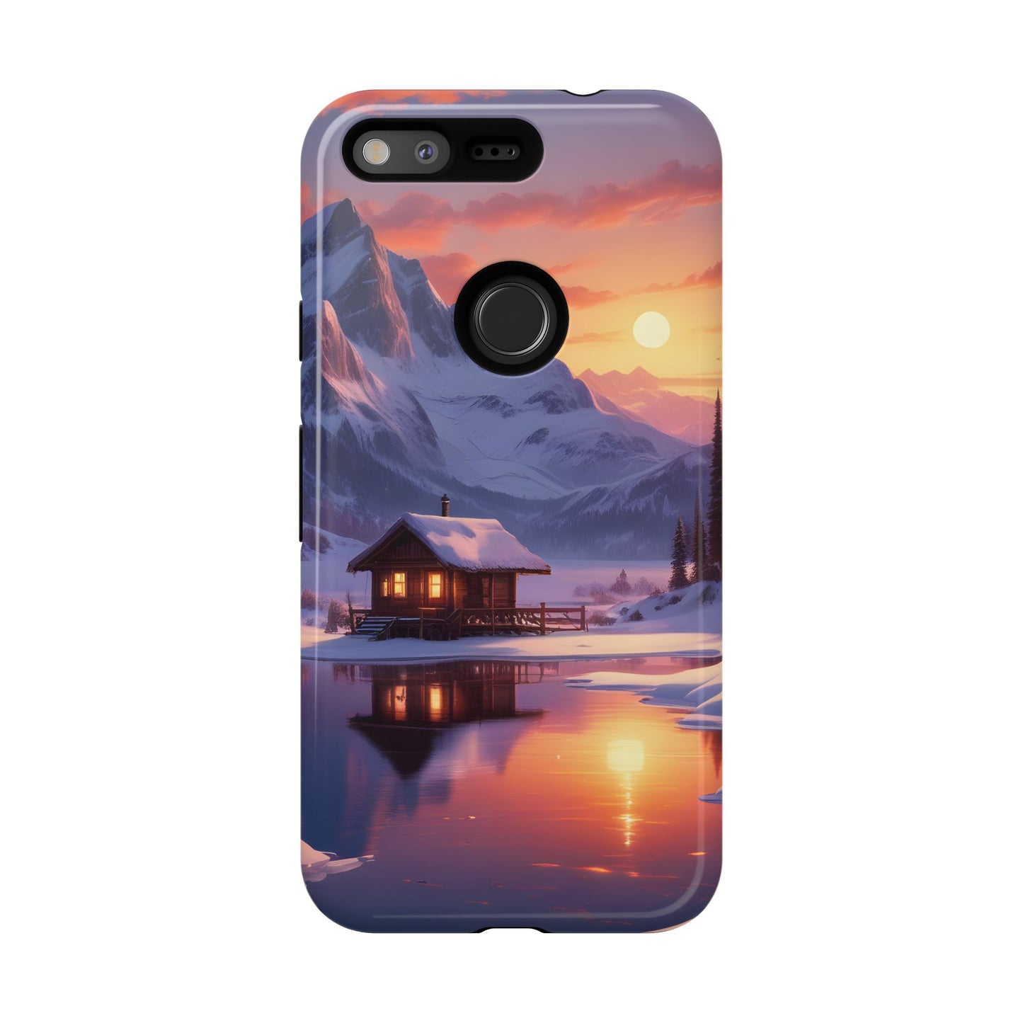 Carcasa para teléfono con diseño de cabaña en la montaña nevada, fundas resistentes para amantes de la naturaleza, cubierta de teléfono con paisaje pintoresco, regalo para excursionistas, accesorio para aventuras al aire libre.