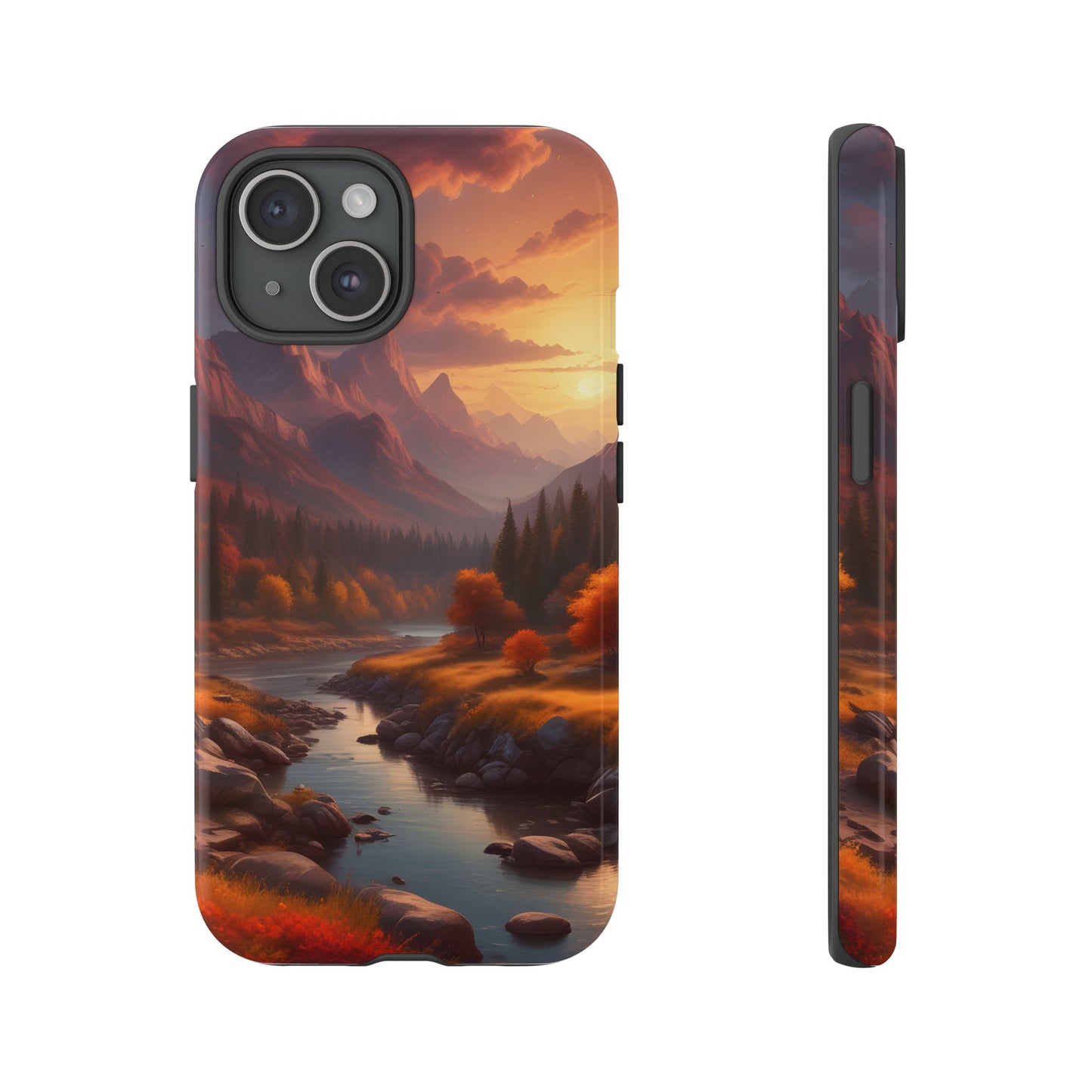 Carcasa para teléfono con diseño de atardecer otoñal en la montaña, regalo para amantes de la naturaleza, funda resistente para teléfono, accesorio para aventuras al aire libre, funda con arte paisajístico.