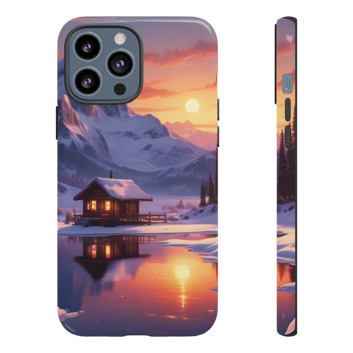 Carcasa para teléfono con diseño de cabaña en la montaña nevada, fundas resistentes para amantes de la naturaleza, cubierta de teléfono con paisaje pintoresco, regalo para excursionistas, accesorio para aventuras al aire libre.