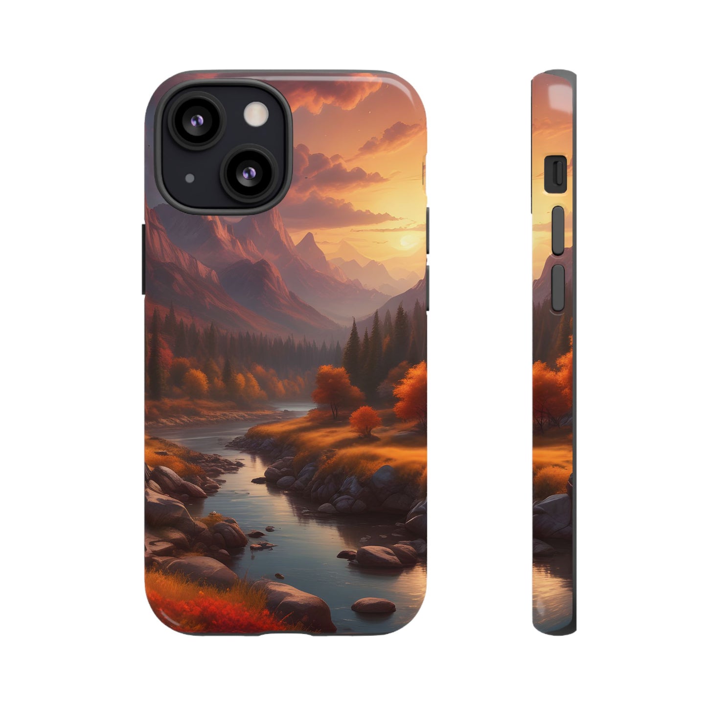 Carcasa para teléfono con diseño de atardecer otoñal en la montaña, regalo para amantes de la naturaleza, funda resistente para teléfono, accesorio para aventuras al aire libre, funda con arte paisajístico.