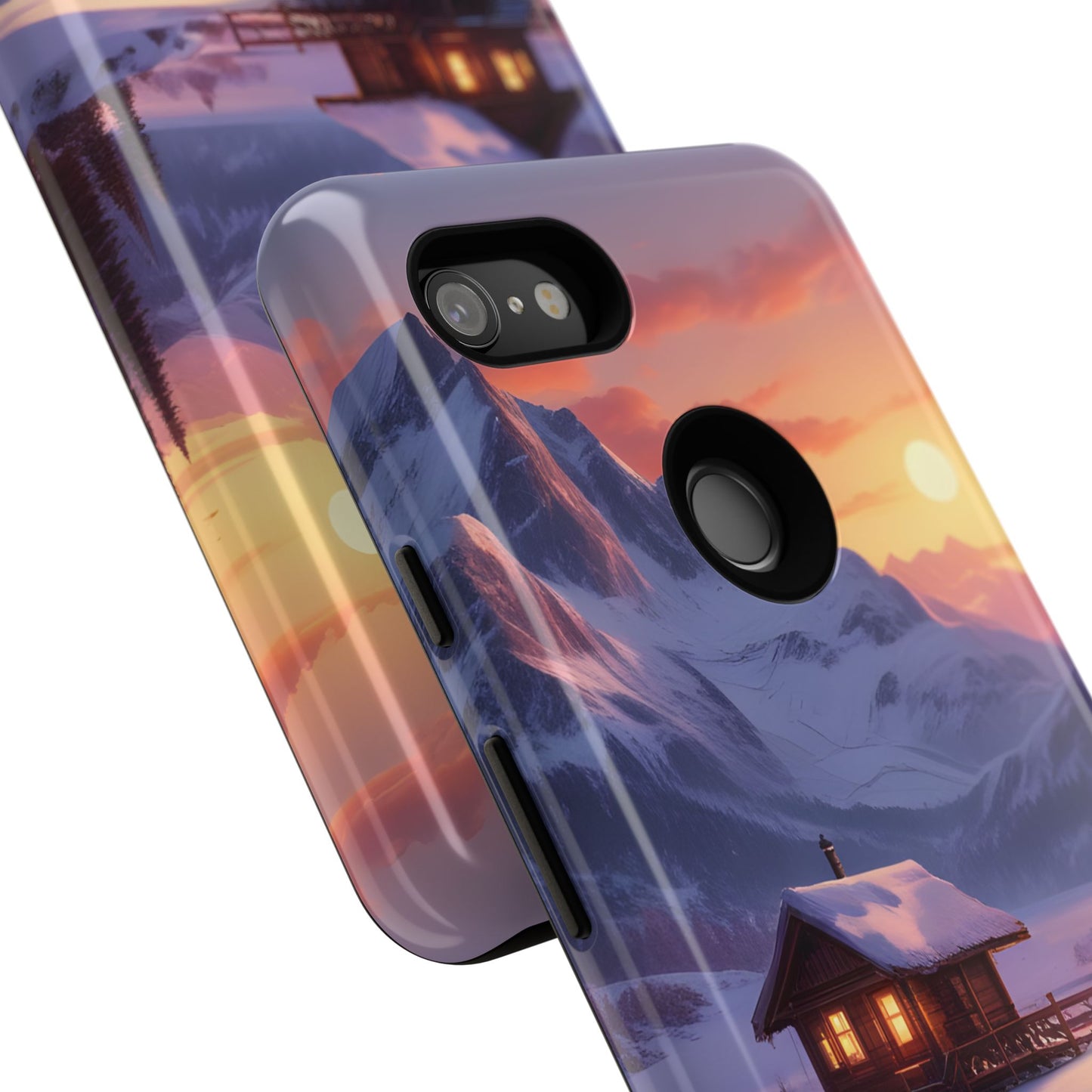 Carcasa para teléfono con diseño de cabaña en la montaña nevada, fundas resistentes para amantes de la naturaleza, cubierta de teléfono con paisaje pintoresco, regalo para excursionistas, accesorio para aventuras al aire libre.