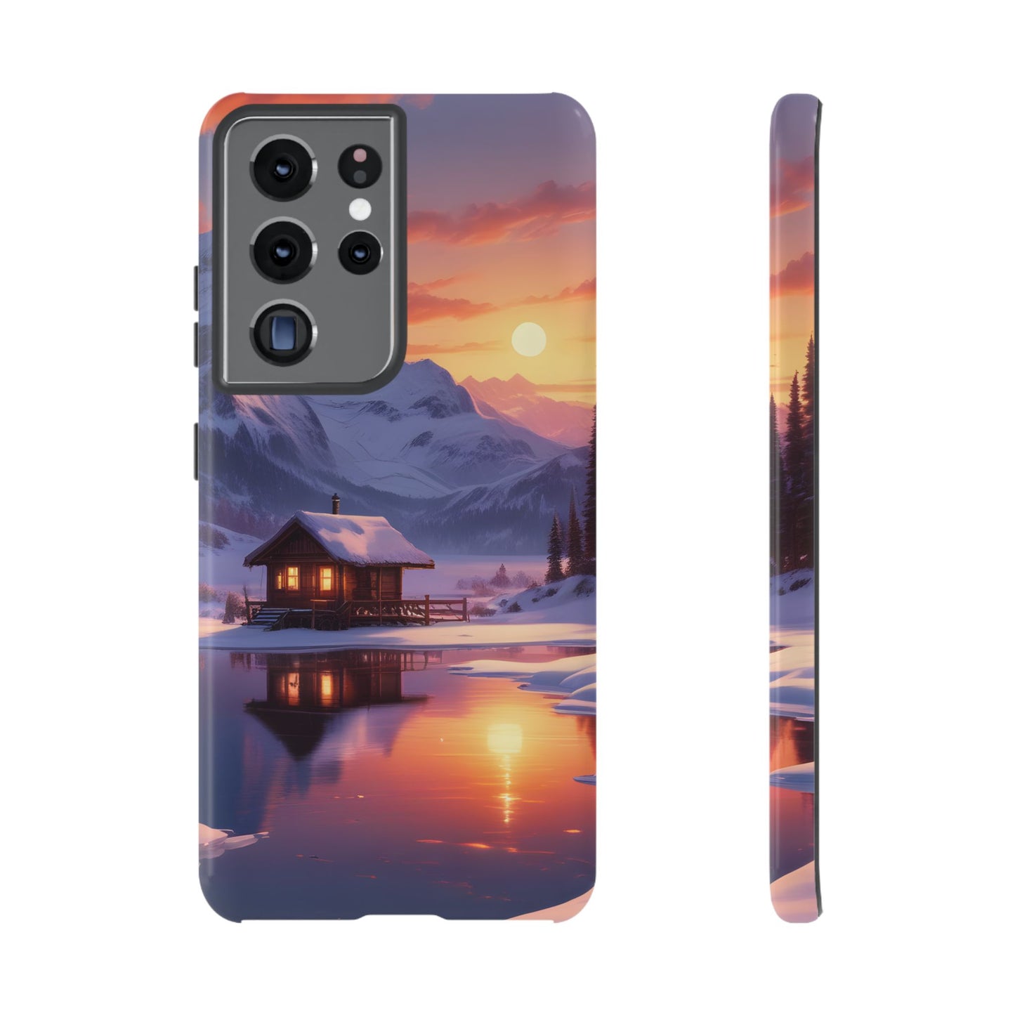 Carcasa para teléfono con diseño de cabaña en la montaña nevada, fundas resistentes para amantes de la naturaleza, cubierta de teléfono con paisaje pintoresco, regalo para excursionistas, accesorio para aventuras al aire libre.