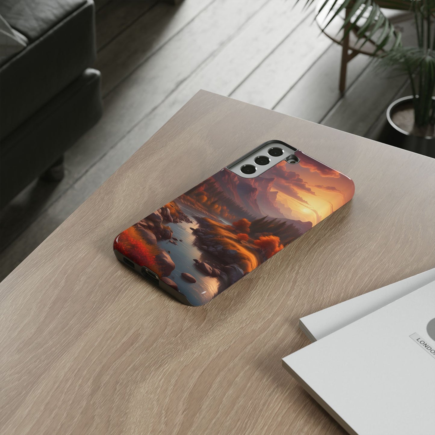 Carcasa para teléfono con diseño de atardecer otoñal en la montaña, regalo para amantes de la naturaleza, funda resistente para teléfono, accesorio para aventuras al aire libre, funda con arte paisajístico.