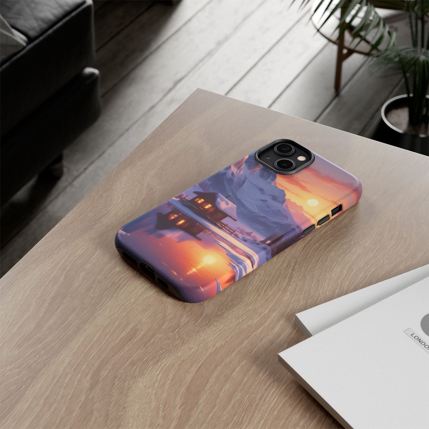 Carcasa para teléfono con diseño de cabaña en la montaña nevada, fundas resistentes para amantes de la naturaleza, cubierta de teléfono con paisaje pintoresco, regalo para excursionistas, accesorio para aventuras al aire libre.