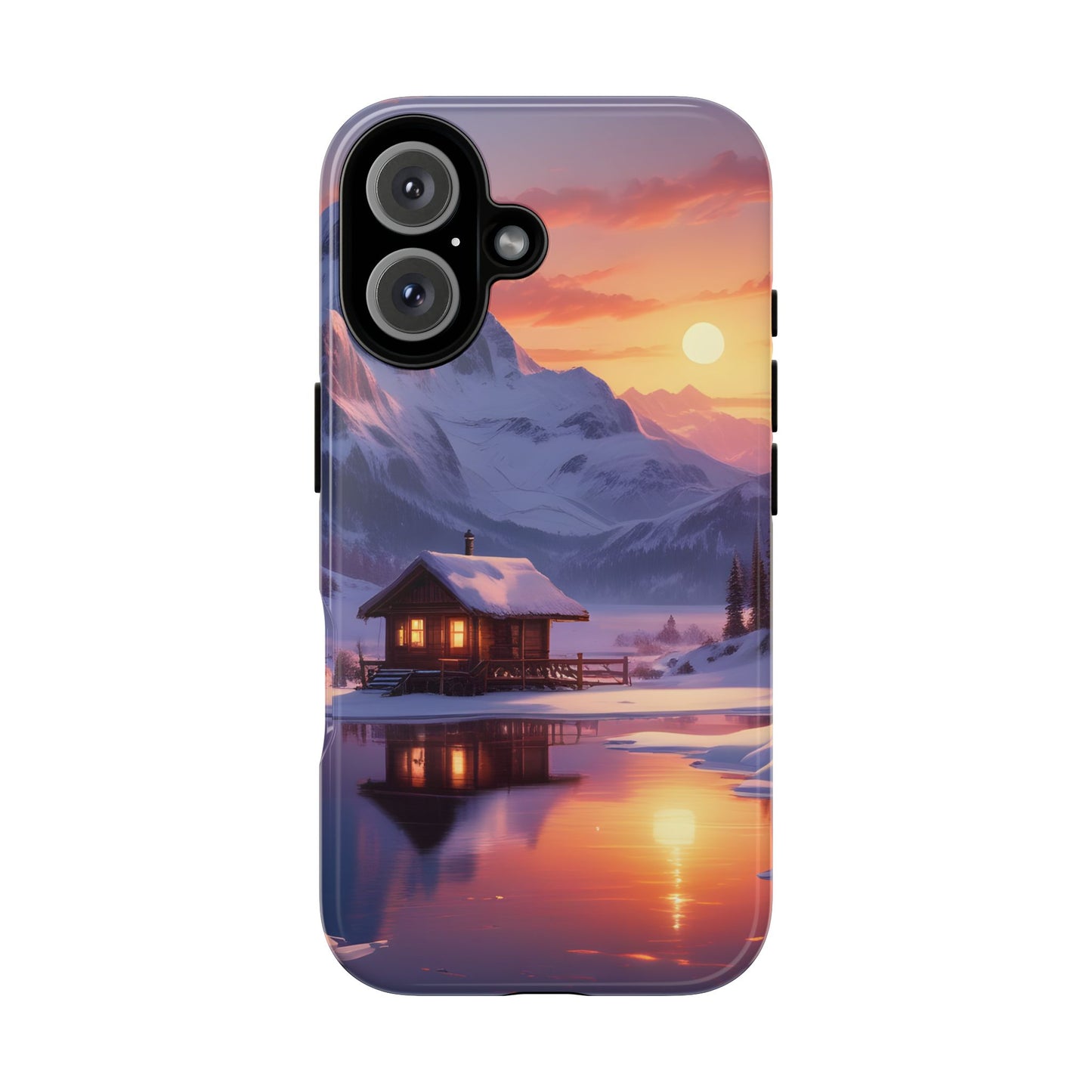 Carcasa para teléfono con diseño de cabaña en la montaña nevada, fundas resistentes para amantes de la naturaleza, cubierta de teléfono con paisaje pintoresco, regalo para excursionistas, accesorio para aventuras al aire libre.