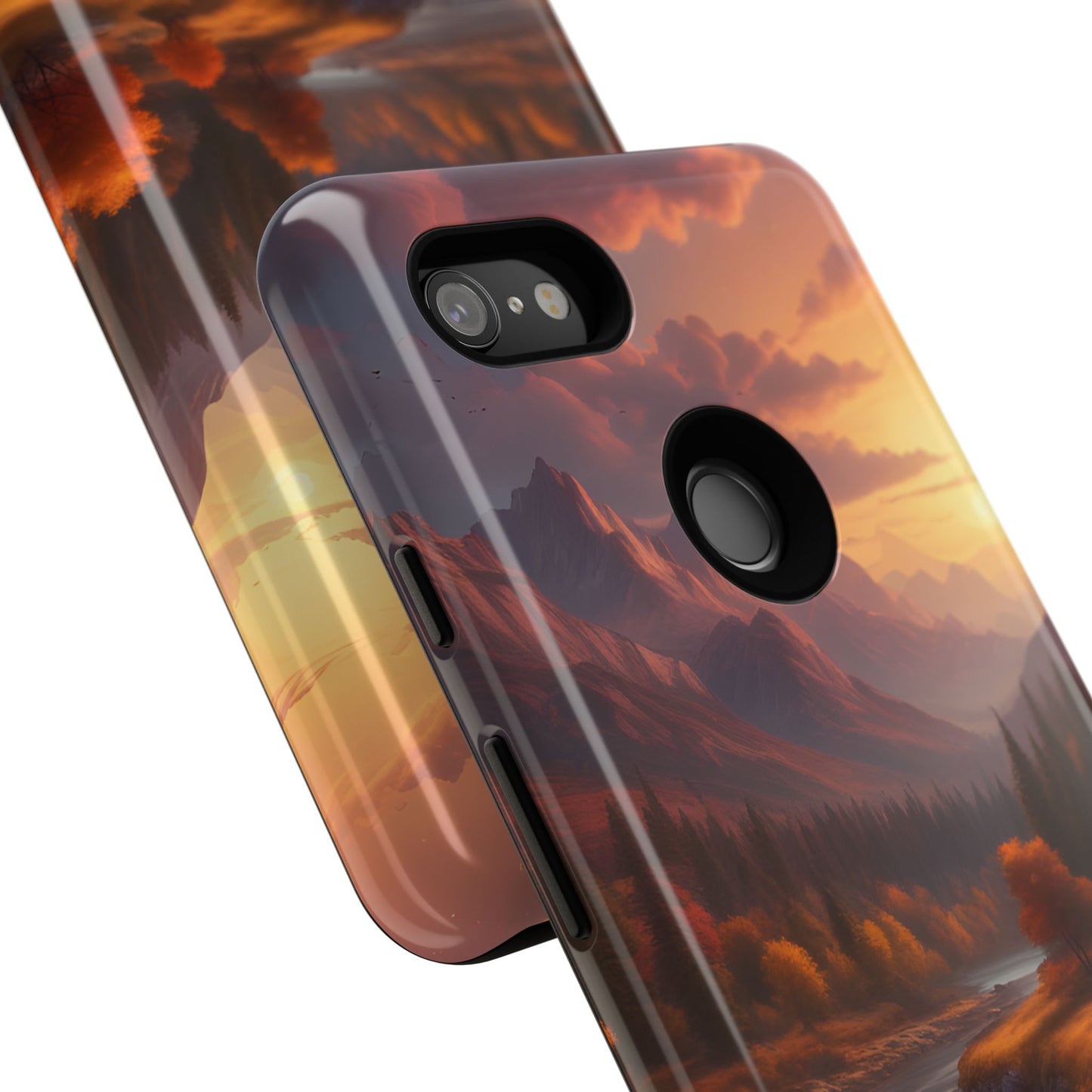 Carcasa para teléfono con diseño de atardecer otoñal en la montaña, regalo para amantes de la naturaleza, funda resistente para teléfono, accesorio para aventuras al aire libre, funda con arte paisajístico.