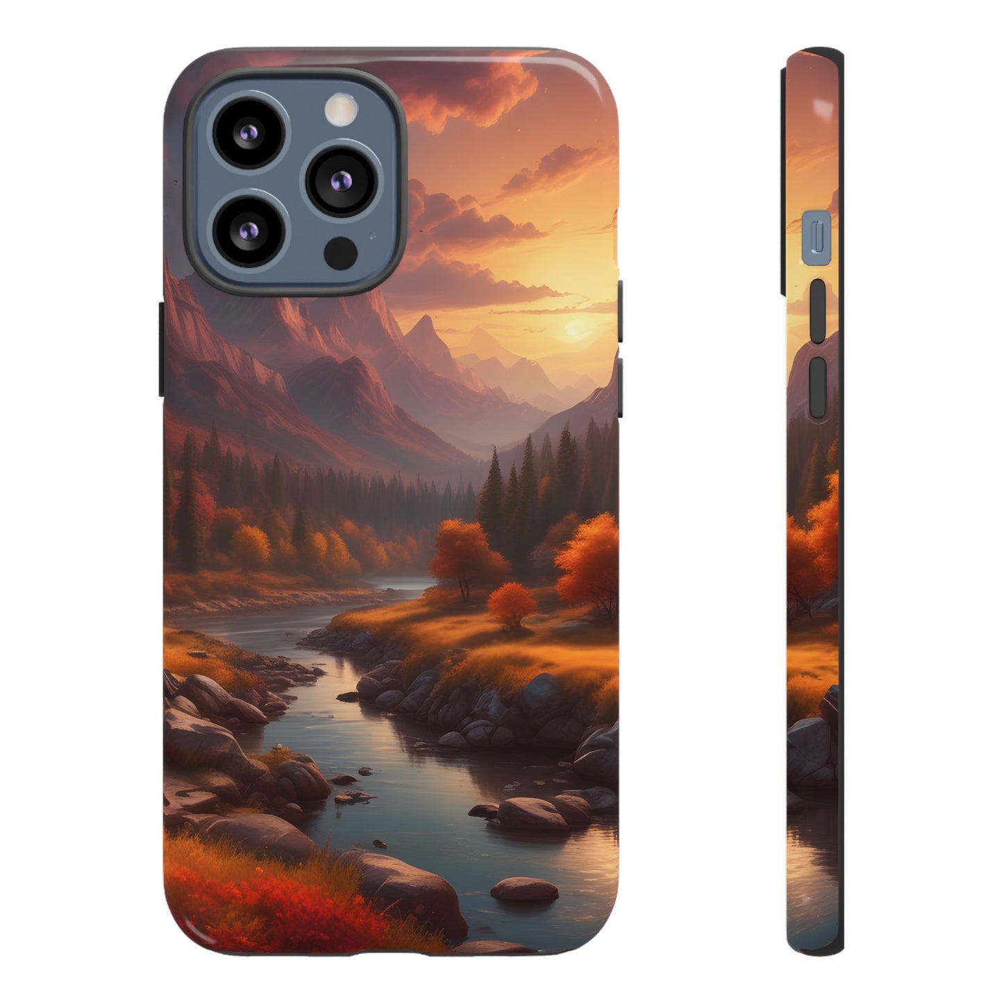 Carcasa para teléfono con diseño de atardecer otoñal en la montaña, regalo para amantes de la naturaleza, funda resistente para teléfono, accesorio para aventuras al aire libre, funda con arte paisajístico.