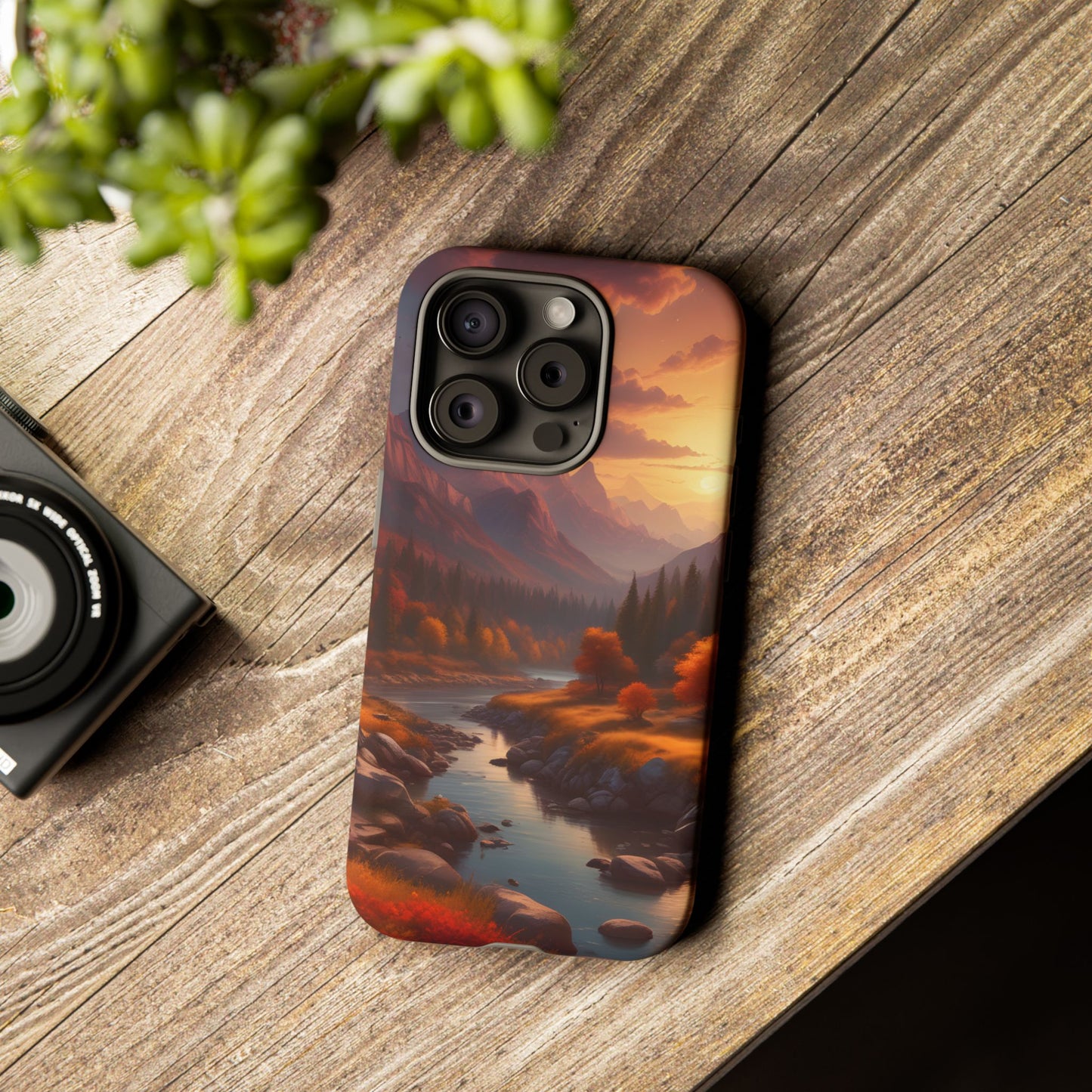Carcasa para teléfono con diseño de atardecer otoñal en la montaña, regalo para amantes de la naturaleza, funda resistente para teléfono, accesorio para aventuras al aire libre, funda con arte paisajístico.