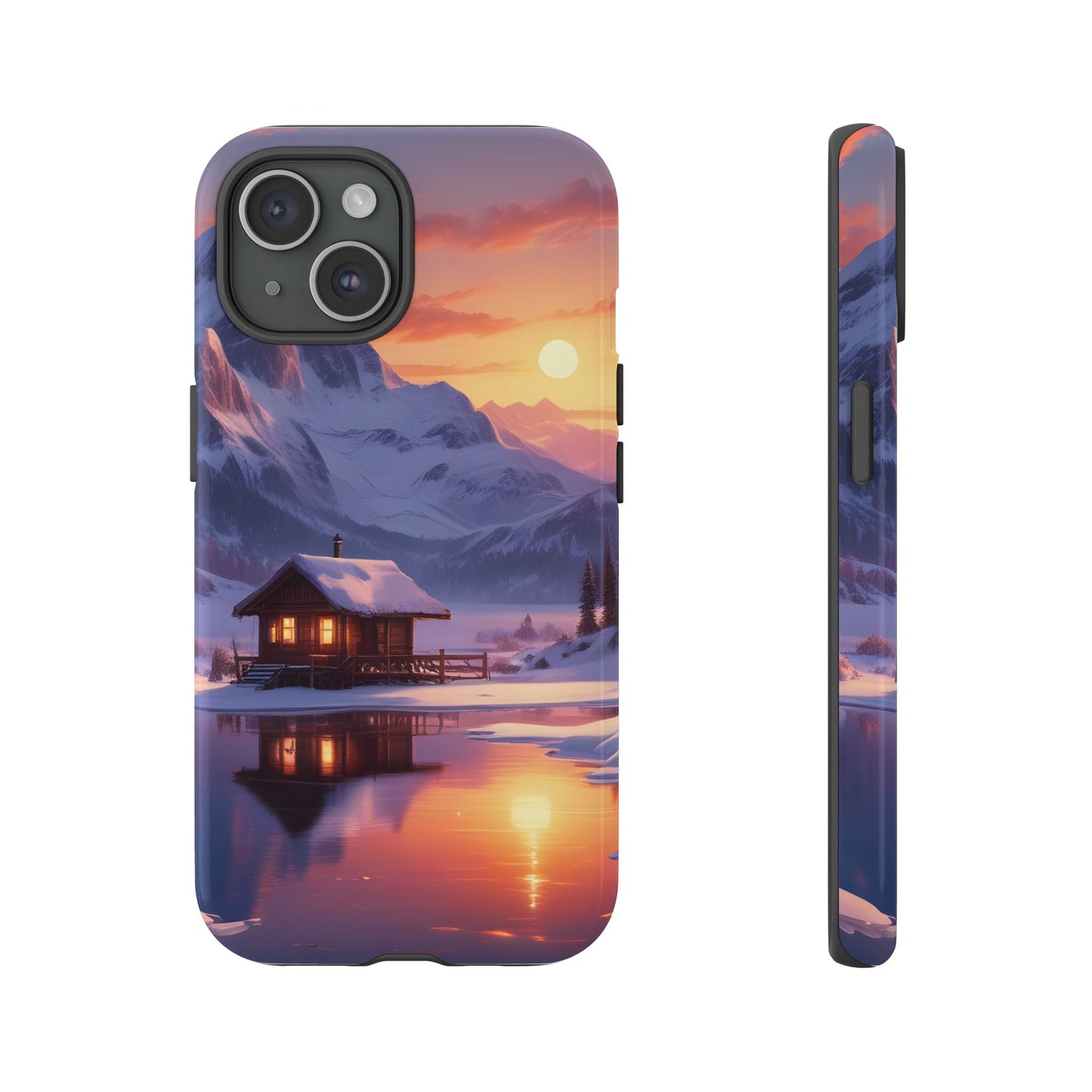 Carcasa para teléfono con diseño de cabaña en la montaña nevada, fundas resistentes para amantes de la naturaleza, cubierta de teléfono con paisaje pintoresco, regalo para excursionistas, accesorio para aventuras al aire libre.