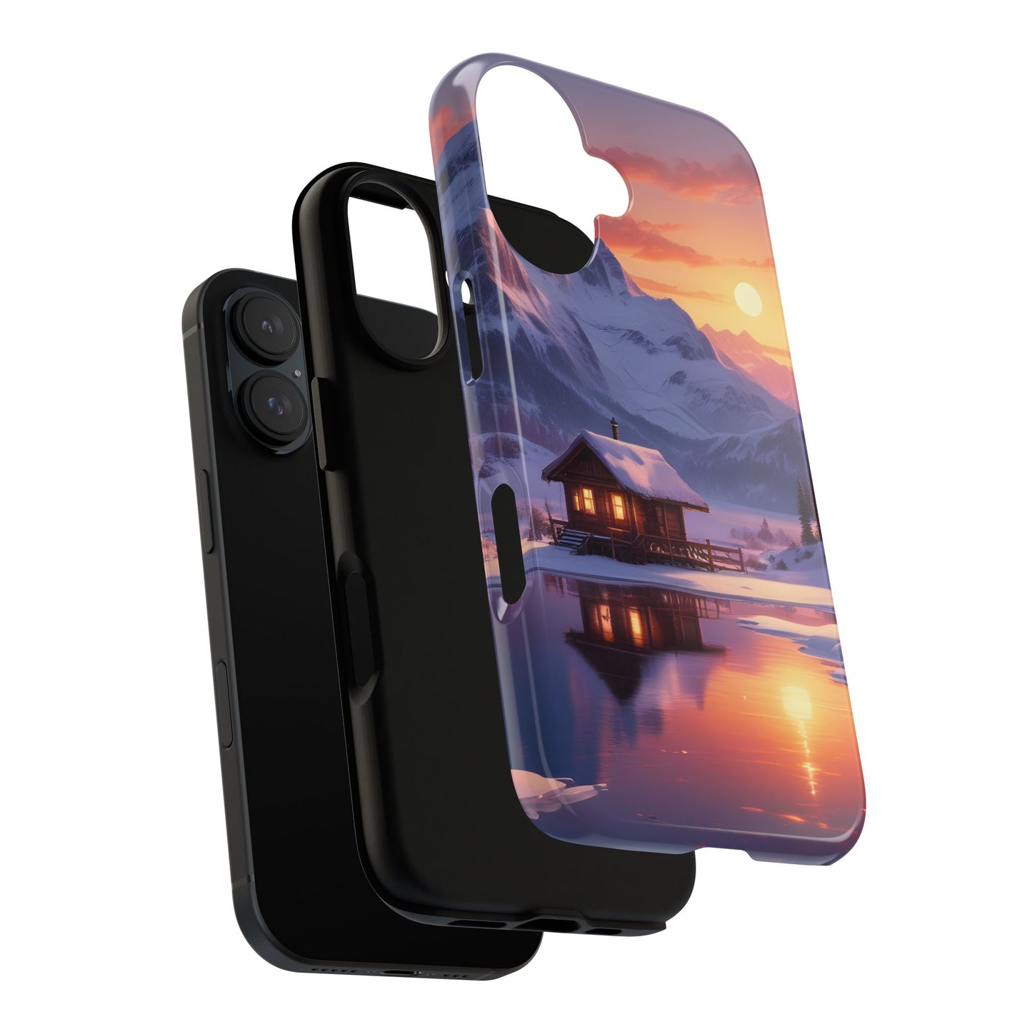Carcasa para teléfono con diseño de cabaña en la montaña nevada, fundas resistentes para amantes de la naturaleza, cubierta de teléfono con paisaje pintoresco, regalo para excursionistas, accesorio para aventuras al aire libre.