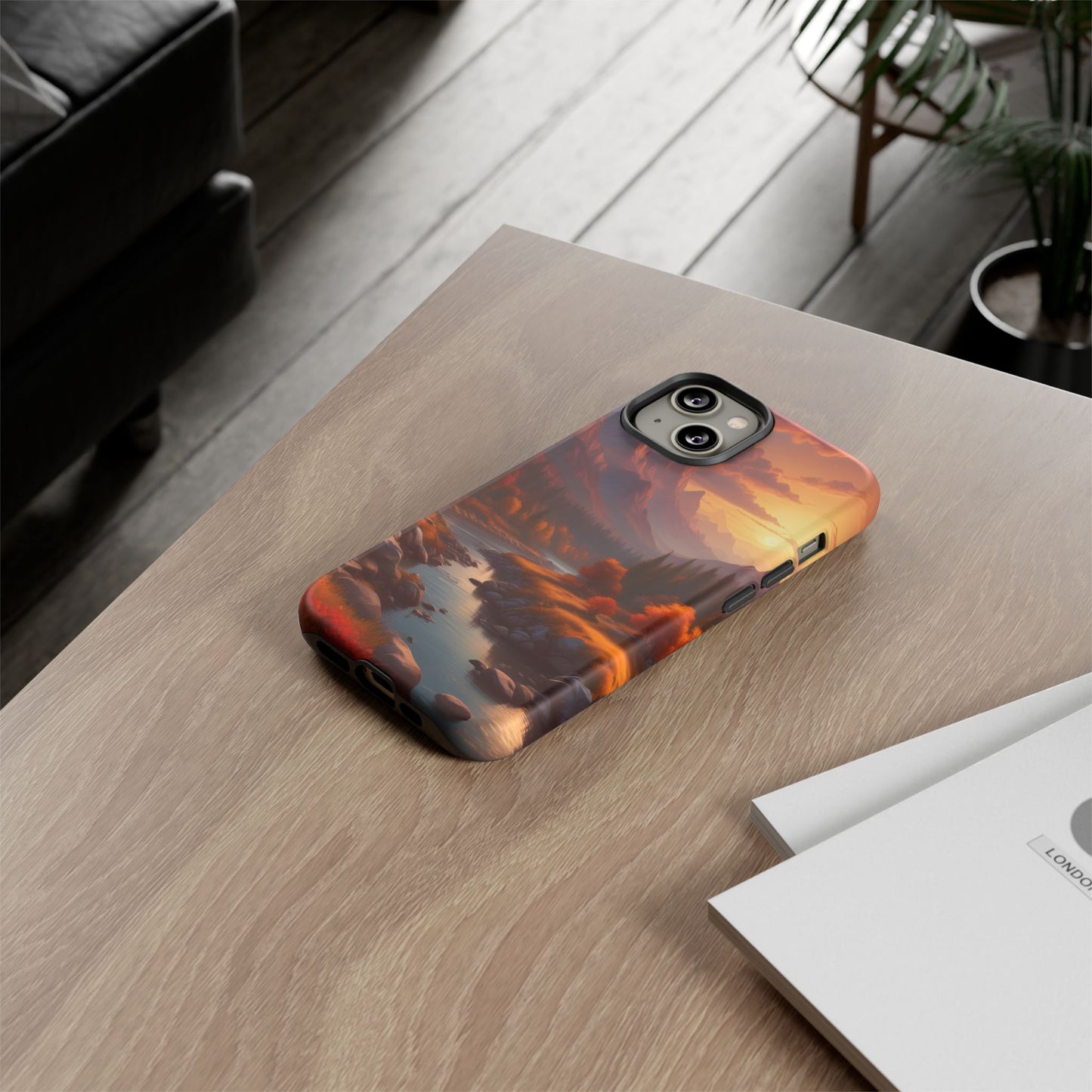Carcasa para teléfono con diseño de atardecer otoñal en la montaña, regalo para amantes de la naturaleza, funda resistente para teléfono, accesorio para aventuras al aire libre, funda con arte paisajístico.