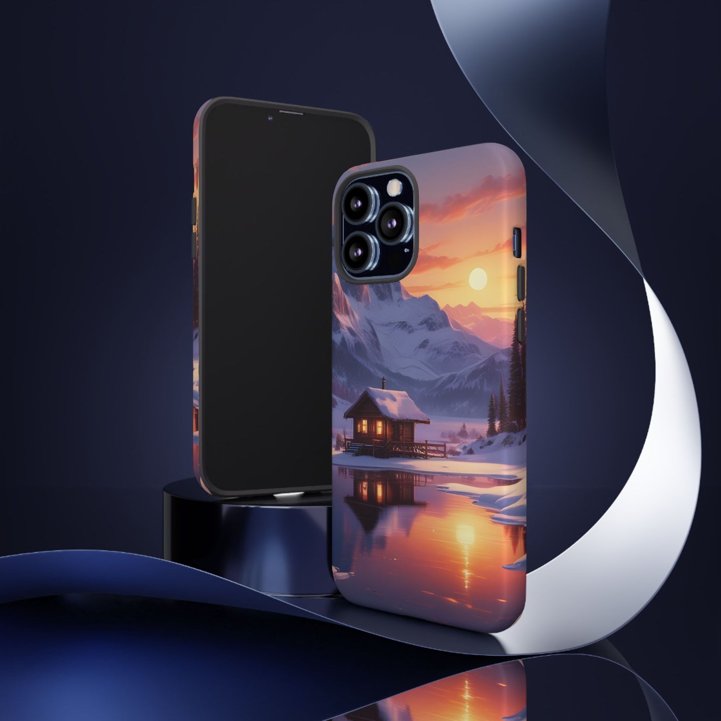 Carcasa para teléfono con diseño de cabaña en la montaña nevada, fundas resistentes para amantes de la naturaleza, cubierta de teléfono con paisaje pintoresco, regalo para excursionistas, accesorio para aventuras al aire libre.