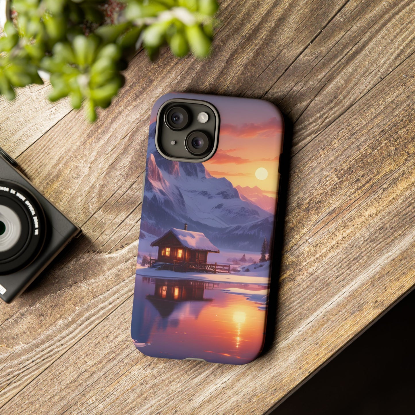 Carcasa para teléfono con diseño de cabaña en la montaña nevada, fundas resistentes para amantes de la naturaleza, cubierta de teléfono con paisaje pintoresco, regalo para excursionistas, accesorio para aventuras al aire libre.
