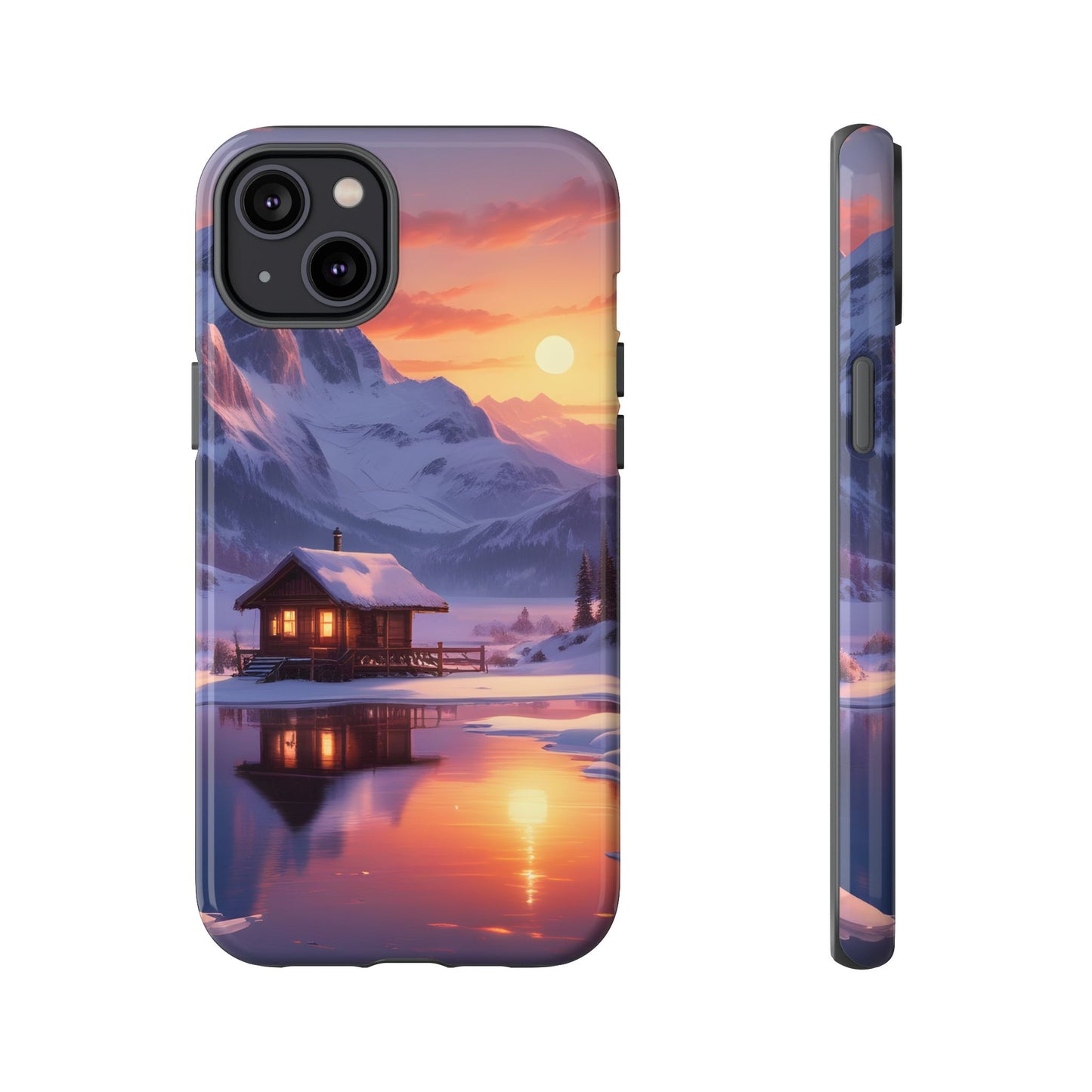 Carcasa para teléfono con diseño de cabaña en la montaña nevada, fundas resistentes para amantes de la naturaleza, cubierta de teléfono con paisaje pintoresco, regalo para excursionistas, accesorio para aventuras al aire libre.
