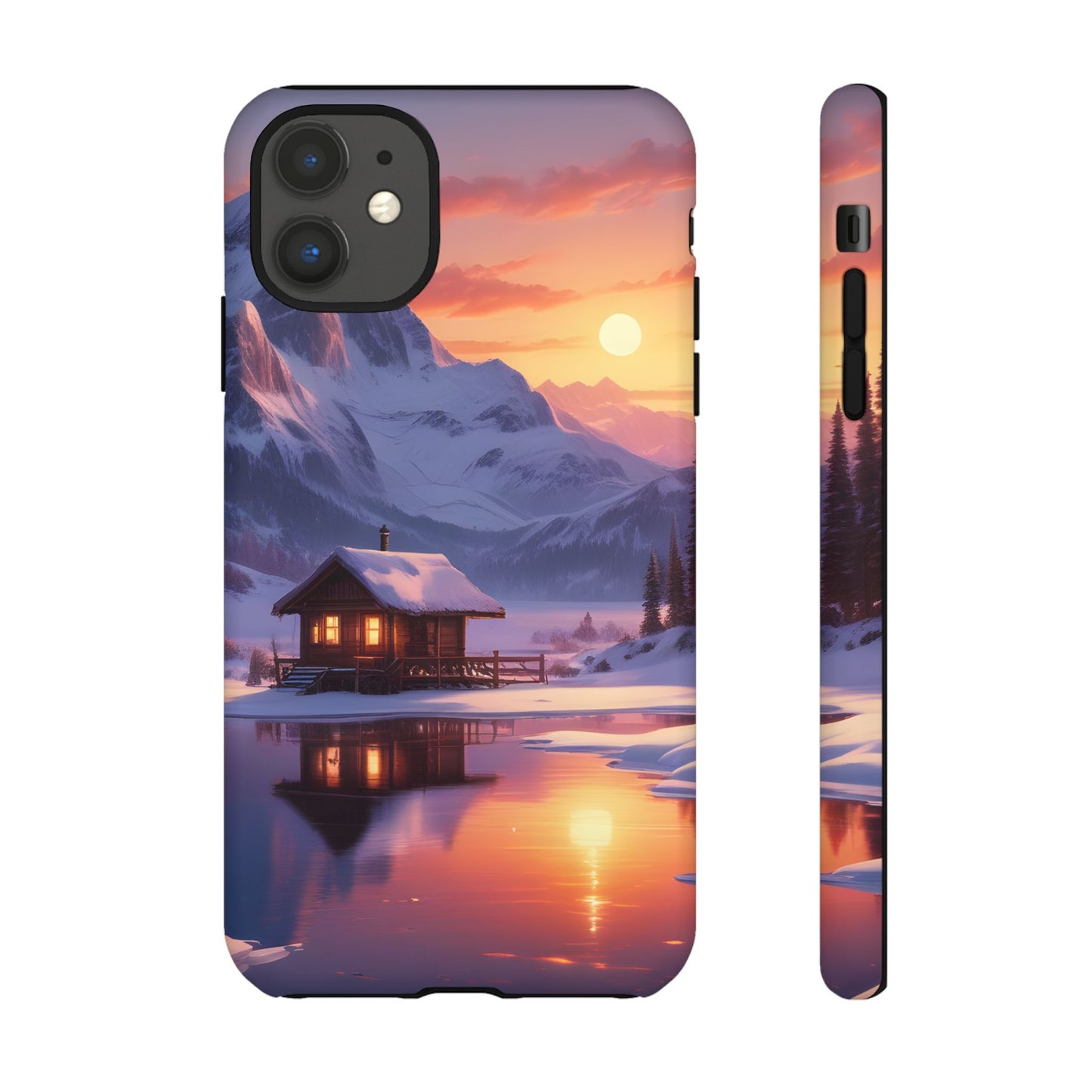 Carcasa para teléfono con diseño de cabaña en la montaña nevada, fundas resistentes para amantes de la naturaleza, cubierta de teléfono con paisaje pintoresco, regalo para excursionistas, accesorio para aventuras al aire libre.