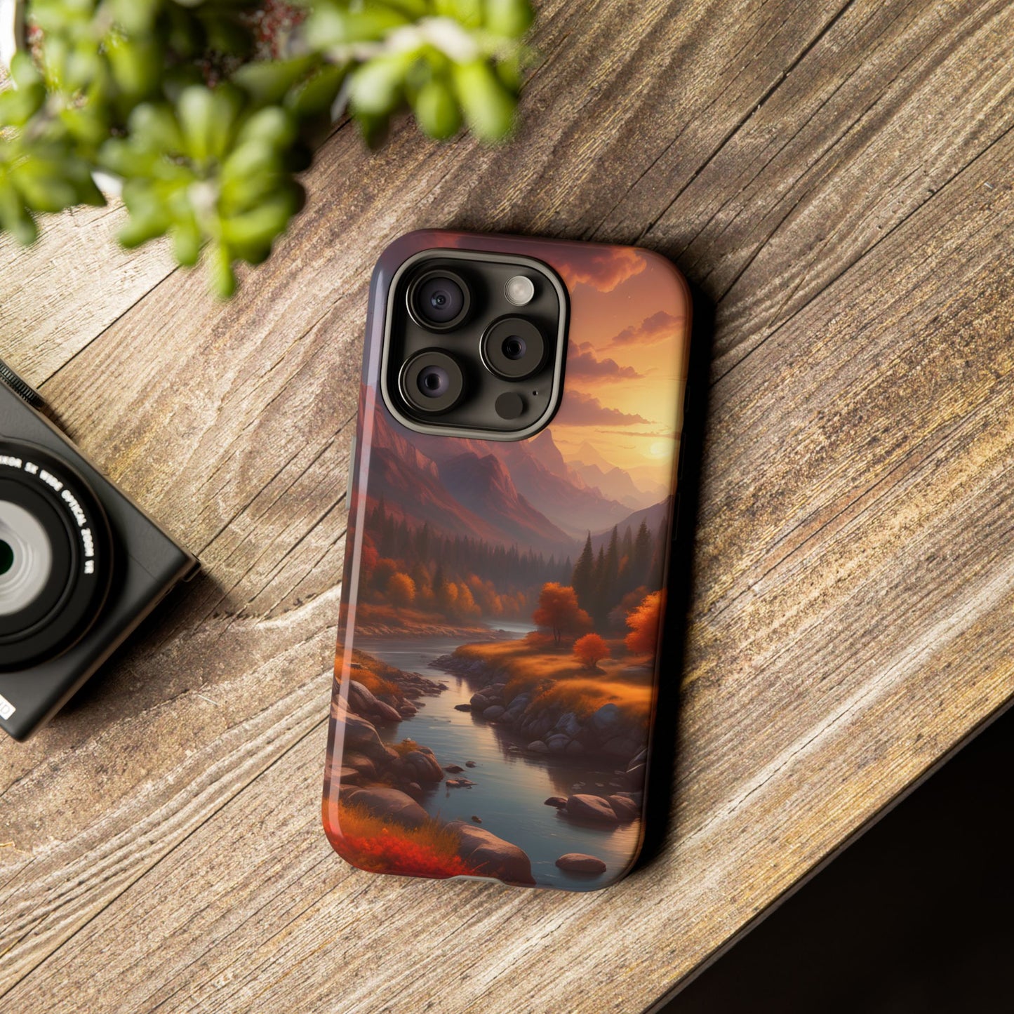 Carcasa para teléfono con diseño de atardecer otoñal en la montaña, regalo para amantes de la naturaleza, funda resistente para teléfono, accesorio para aventuras al aire libre, funda con arte paisajístico.