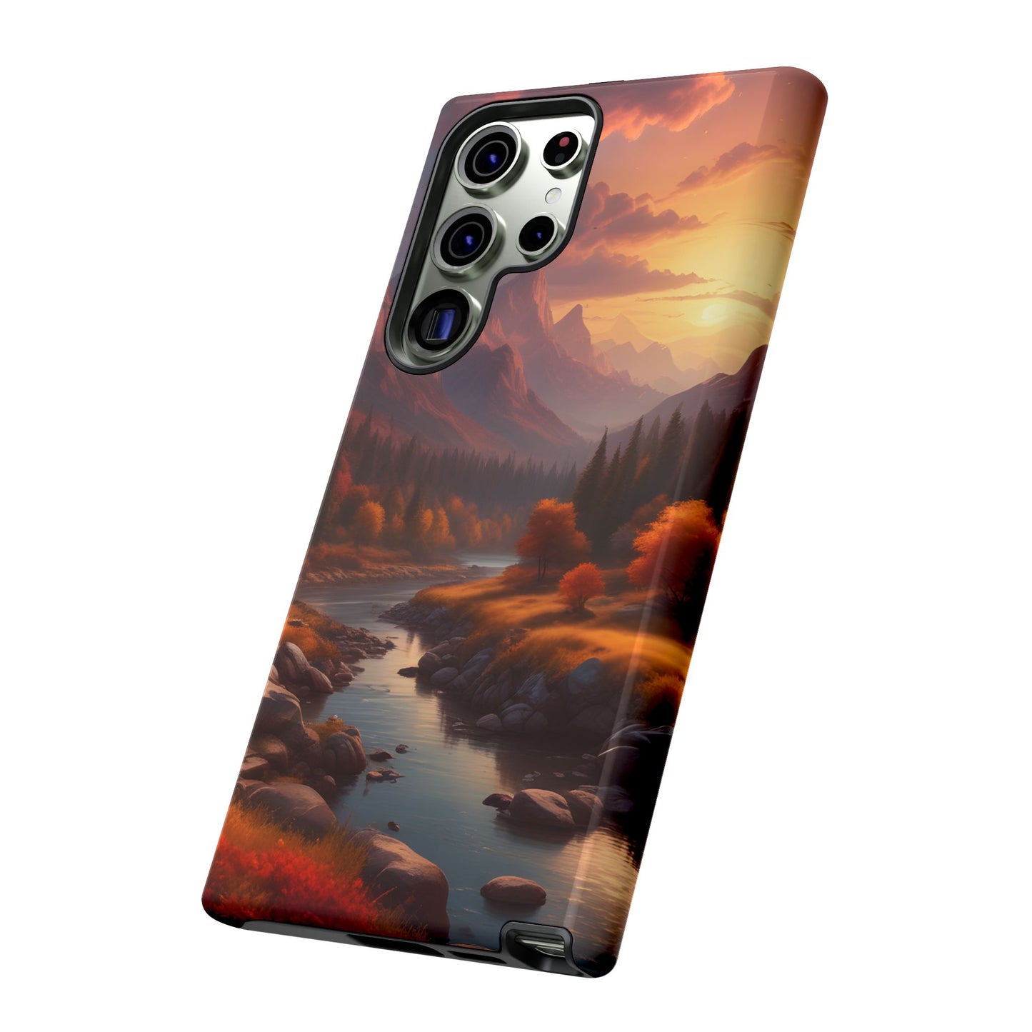 Carcasa para teléfono con diseño de atardecer otoñal en la montaña, regalo para amantes de la naturaleza, funda resistente para teléfono, accesorio para aventuras al aire libre, funda con arte paisajístico.