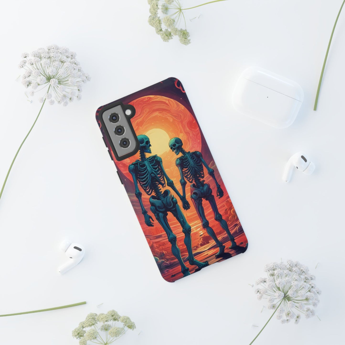 Carcasa de teléfono con esqueletos románticos, funda resistente para teléfono, accesorio de Halloween, regalo único, funda de teléfono para parejas, estética espeluznante.