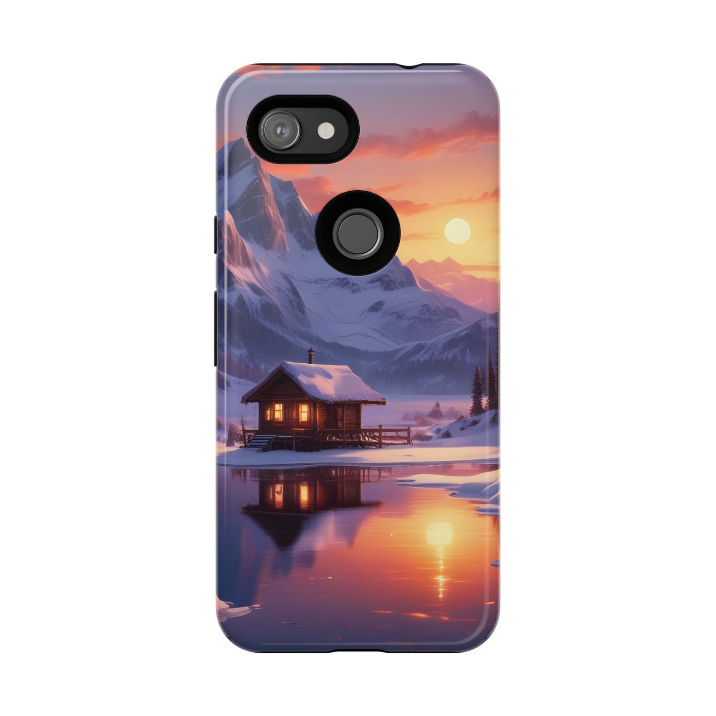 Carcasa para teléfono con diseño de cabaña en la montaña nevada, fundas resistentes para amantes de la naturaleza, cubierta de teléfono con paisaje pintoresco, regalo para excursionistas, accesorio para aventuras al aire libre.