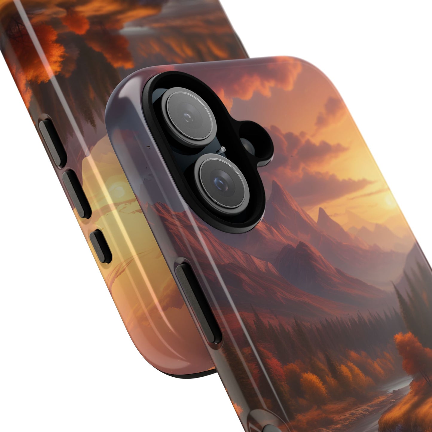 Carcasa para teléfono con diseño de atardecer otoñal en la montaña, regalo para amantes de la naturaleza, funda resistente para teléfono, accesorio para aventuras al aire libre, funda con arte paisajístico.