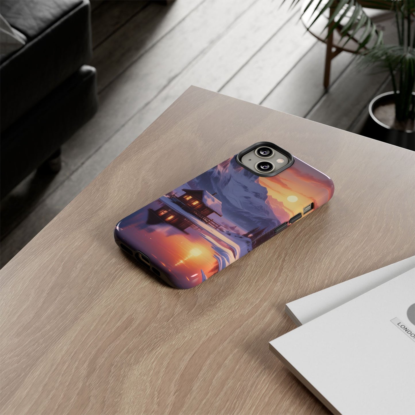 Carcasa para teléfono con diseño de cabaña en la montaña nevada, fundas resistentes para amantes de la naturaleza, cubierta de teléfono con paisaje pintoresco, regalo para excursionistas, accesorio para aventuras al aire libre.
