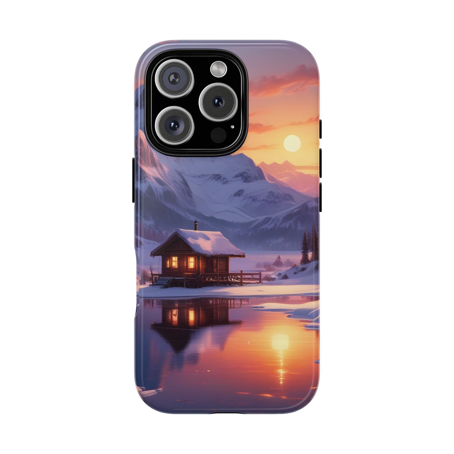 Carcasa para teléfono con diseño de cabaña en la montaña nevada, fundas resistentes para amantes de la naturaleza, cubierta de teléfono con paisaje pintoresco, regalo para excursionistas, accesorio para aventuras al aire libre.