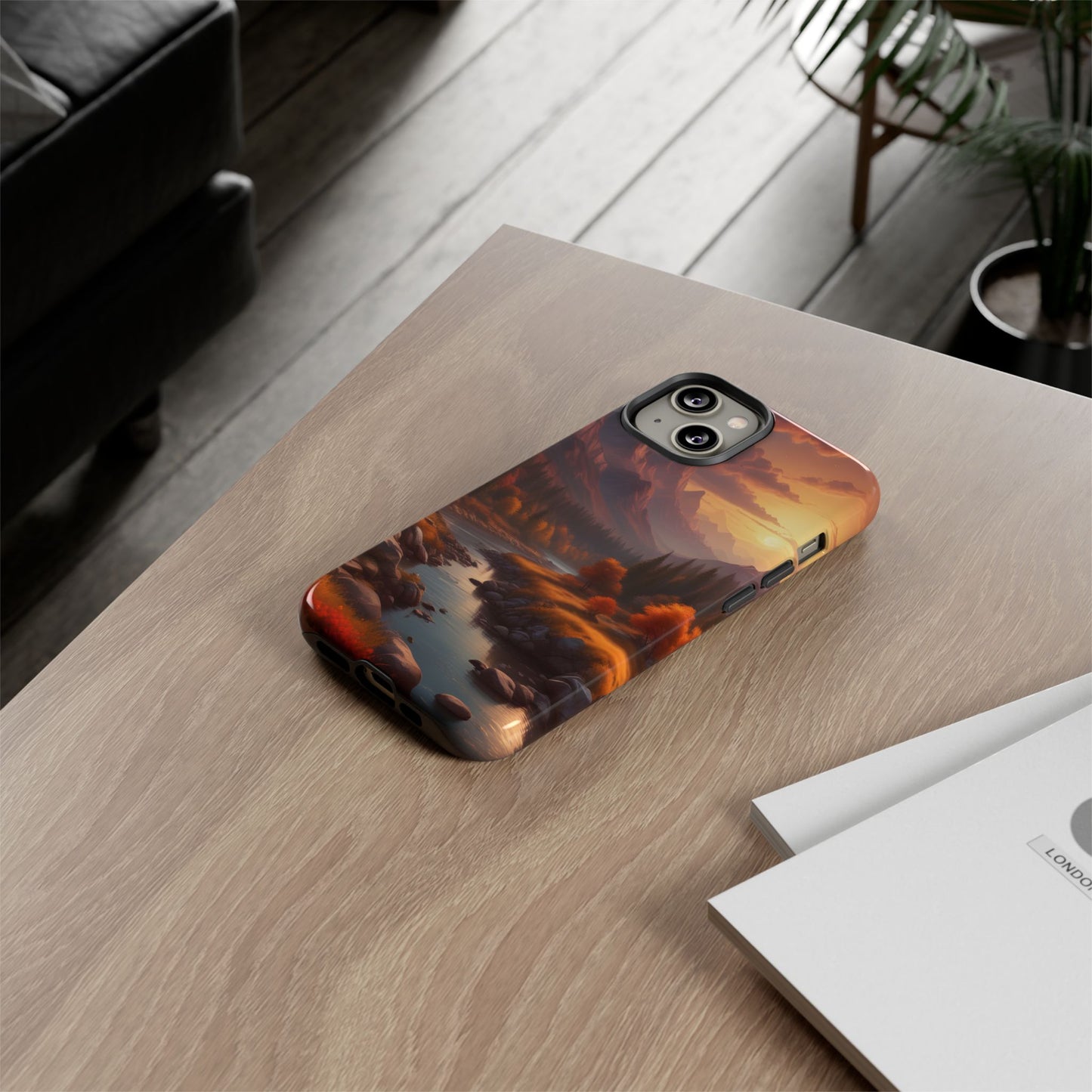 Carcasa para teléfono con diseño de atardecer otoñal en la montaña, regalo para amantes de la naturaleza, funda resistente para teléfono, accesorio para aventuras al aire libre, funda con arte paisajístico.