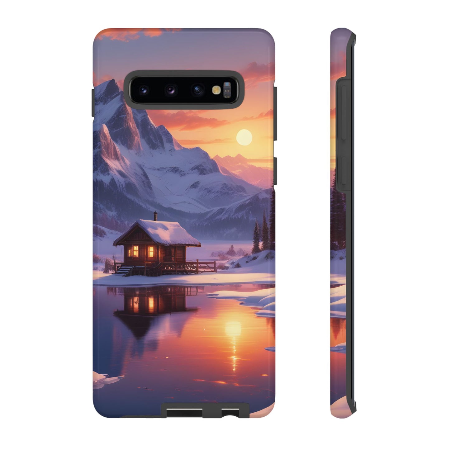 Carcasa para teléfono con diseño de cabaña en la montaña nevada, fundas resistentes para amantes de la naturaleza, cubierta de teléfono con paisaje pintoresco, regalo para excursionistas, accesorio para aventuras al aire libre.