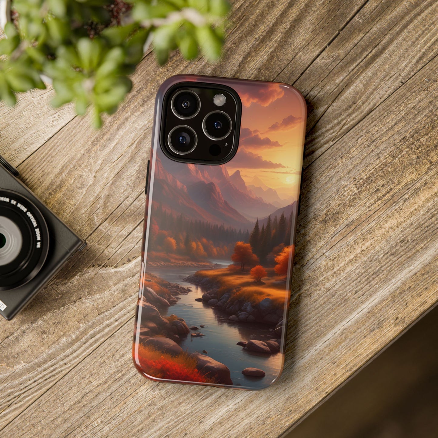 Carcasa para teléfono con diseño de atardecer otoñal en la montaña, regalo para amantes de la naturaleza, funda resistente para teléfono, accesorio para aventuras al aire libre, funda con arte paisajístico.