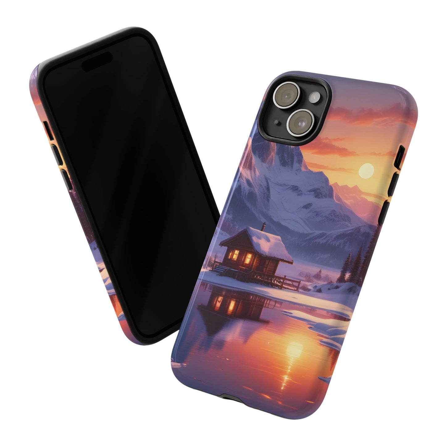 Carcasa para teléfono con diseño de cabaña en la montaña nevada, fundas resistentes para amantes de la naturaleza, cubierta de teléfono con paisaje pintoresco, regalo para excursionistas, accesorio para aventuras al aire libre.