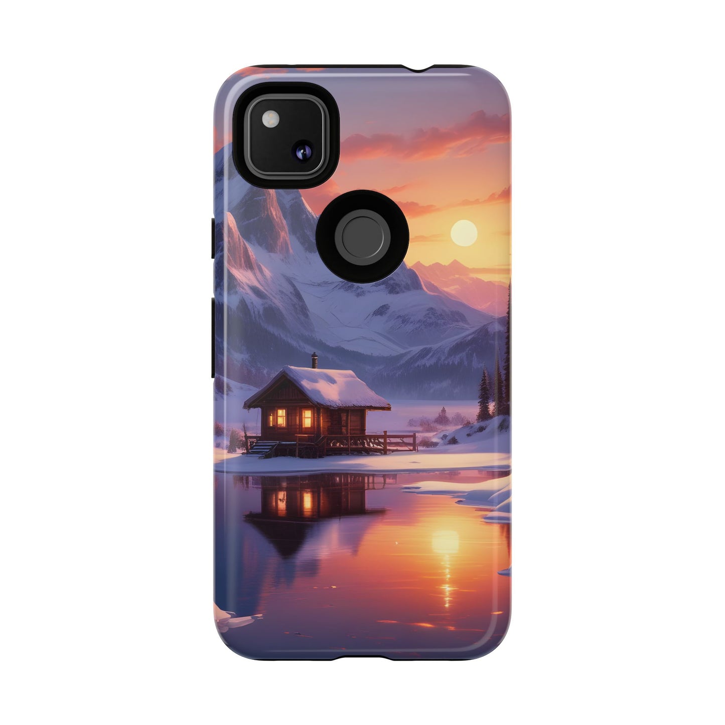 Carcasa para teléfono con diseño de cabaña en la montaña nevada, fundas resistentes para amantes de la naturaleza, cubierta de teléfono con paisaje pintoresco, regalo para excursionistas, accesorio para aventuras al aire libre.