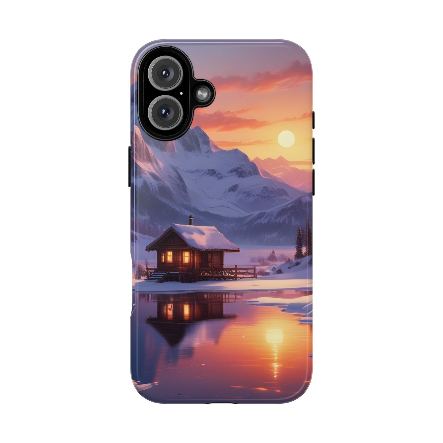 Carcasa para teléfono con diseño de cabaña en la montaña nevada, fundas resistentes para amantes de la naturaleza, cubierta de teléfono con paisaje pintoresco, regalo para excursionistas, accesorio para aventuras al aire libre.