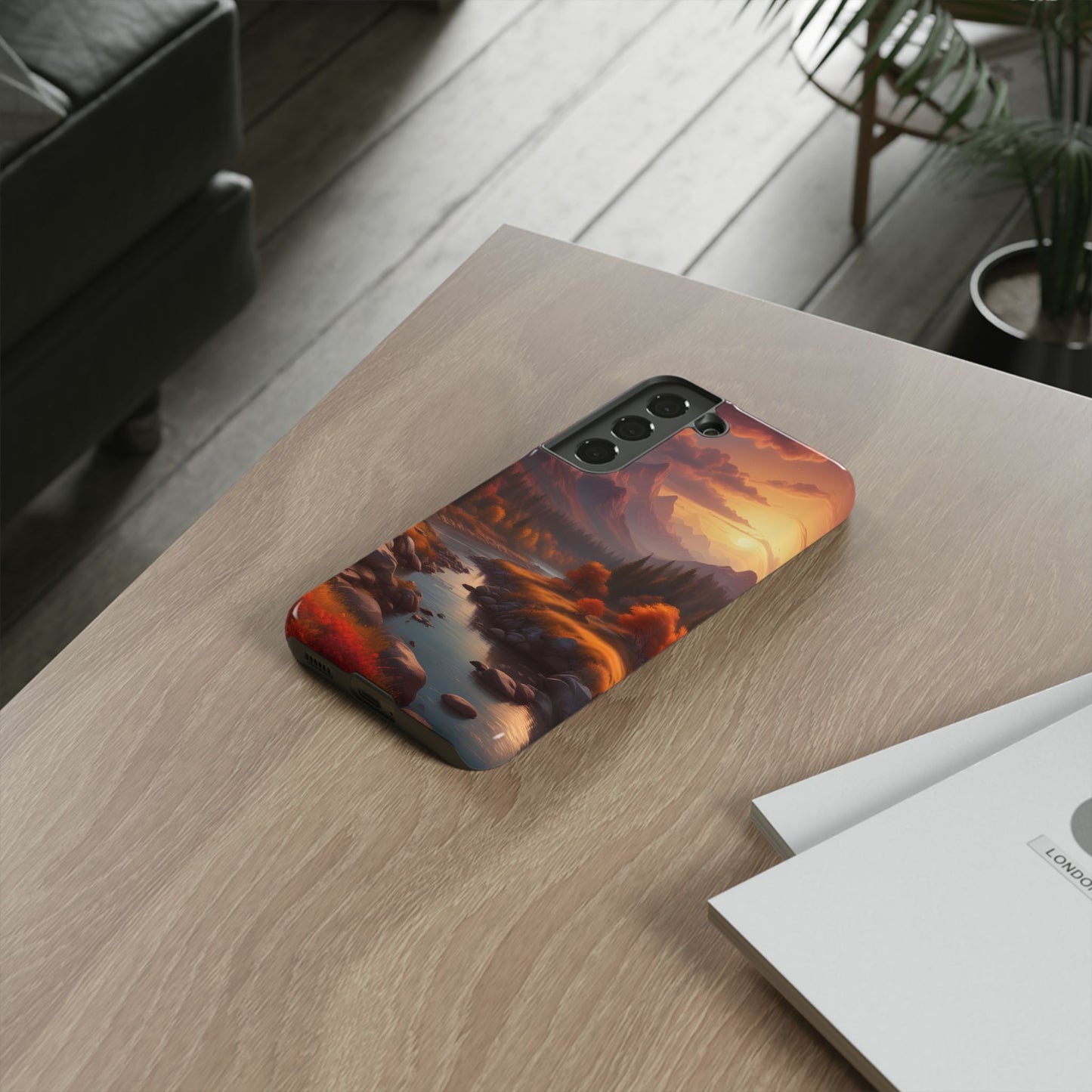 Carcasa para teléfono con diseño de atardecer otoñal en la montaña, regalo para amantes de la naturaleza, funda resistente para teléfono, accesorio para aventuras al aire libre, funda con arte paisajístico.
