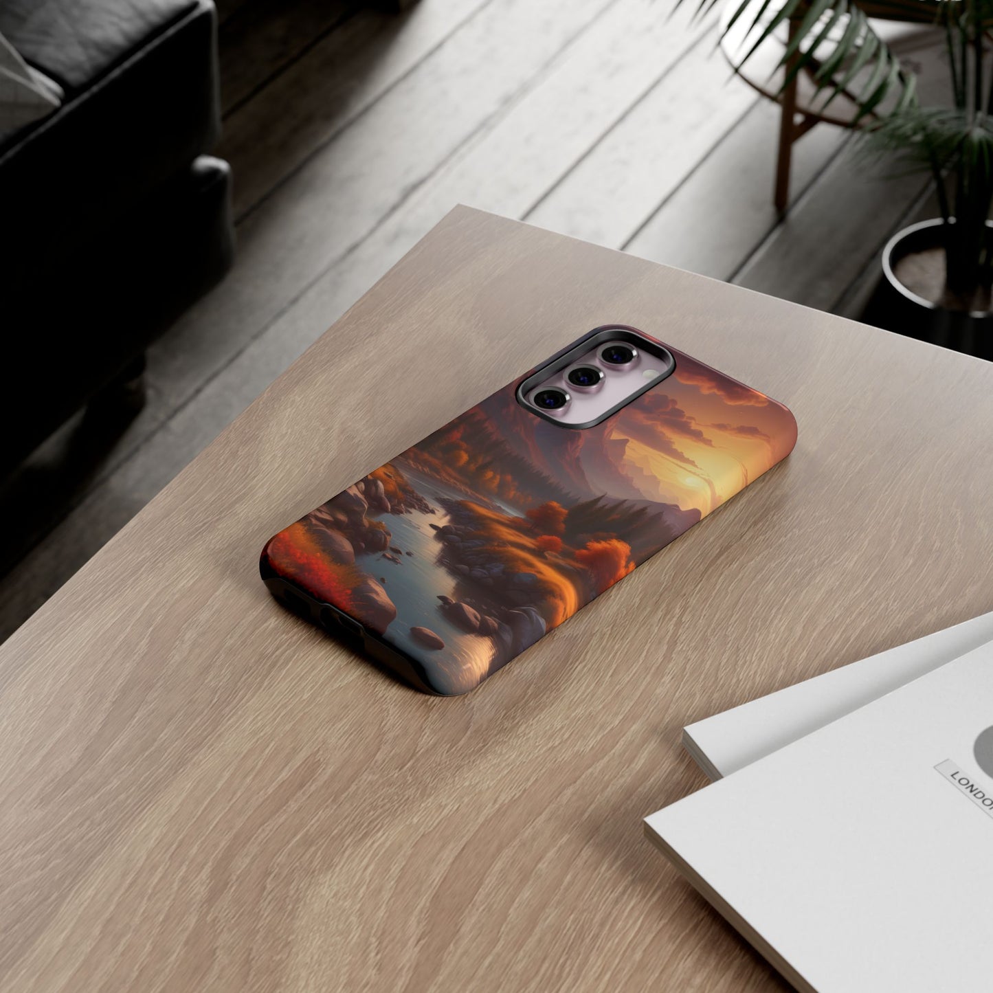Carcasa para teléfono con diseño de atardecer otoñal en la montaña, regalo para amantes de la naturaleza, funda resistente para teléfono, accesorio para aventuras al aire libre, funda con arte paisajístico.